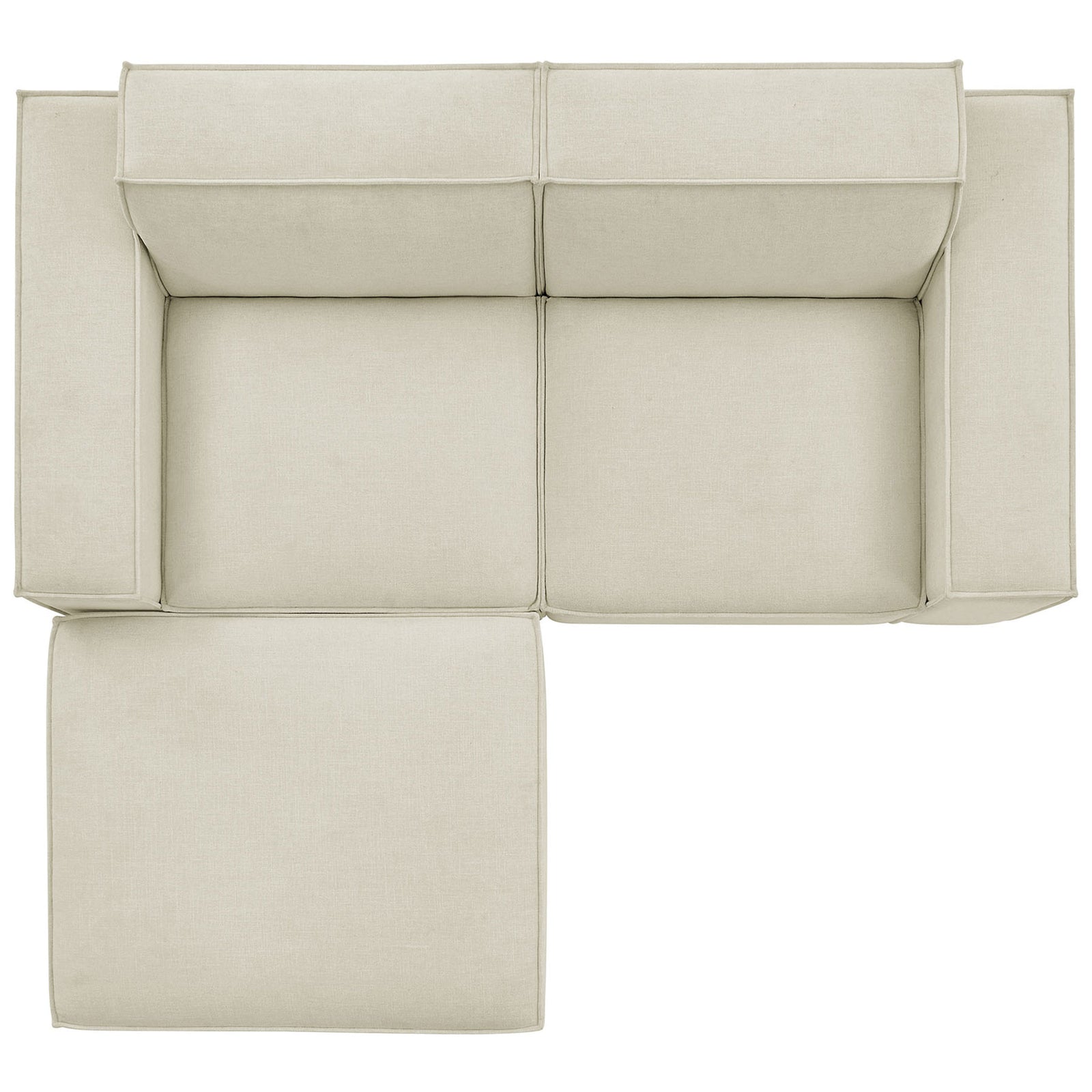 Layout of the Restore ecru modular loveseat with ottoman flipped to create a left-facing chaise. || EEI-7405-ECR || top_studio