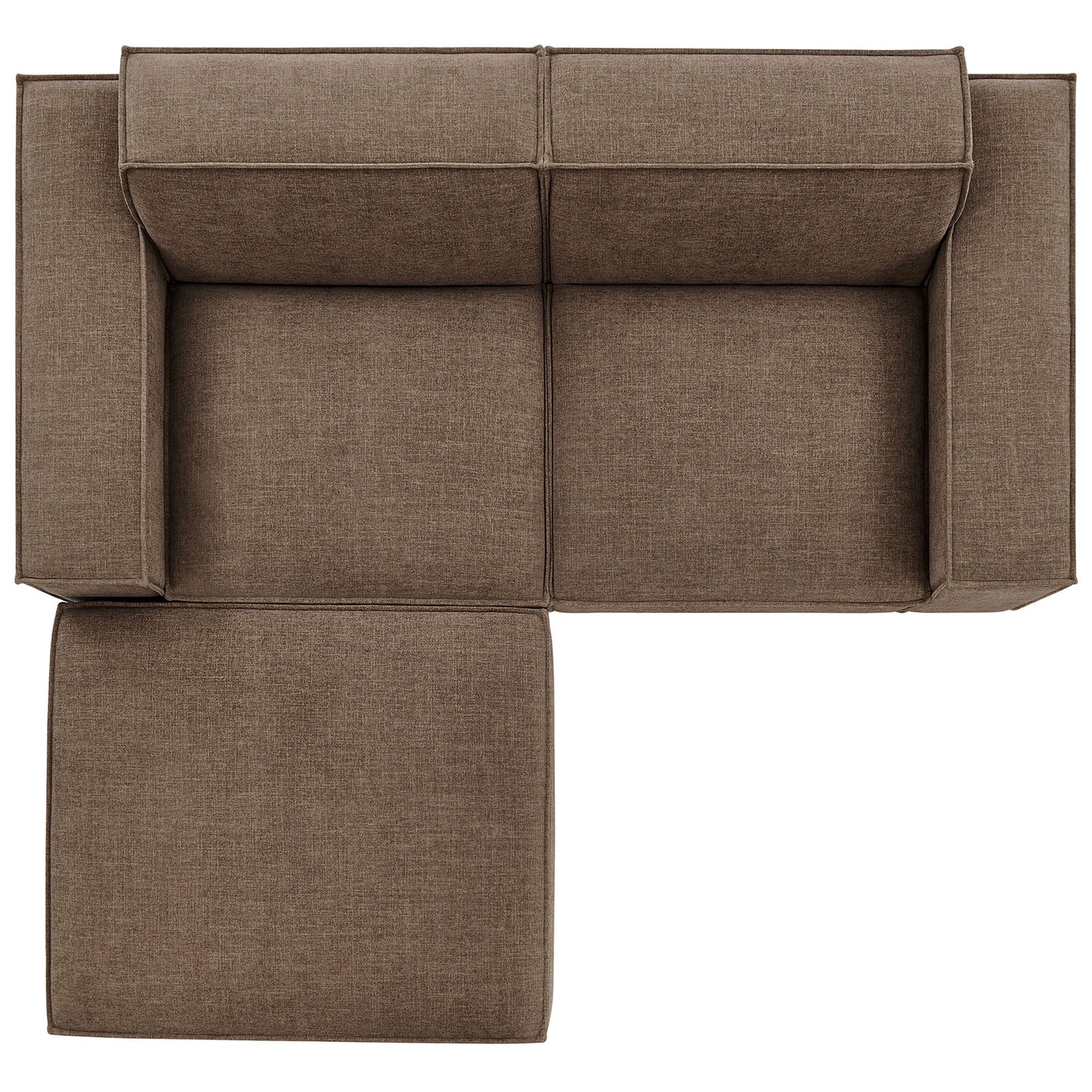 Overhead view of mocha modular loveseat with movable ottoman showing flexible seating and lounging options. || EEI-7405-MOC || top_studio