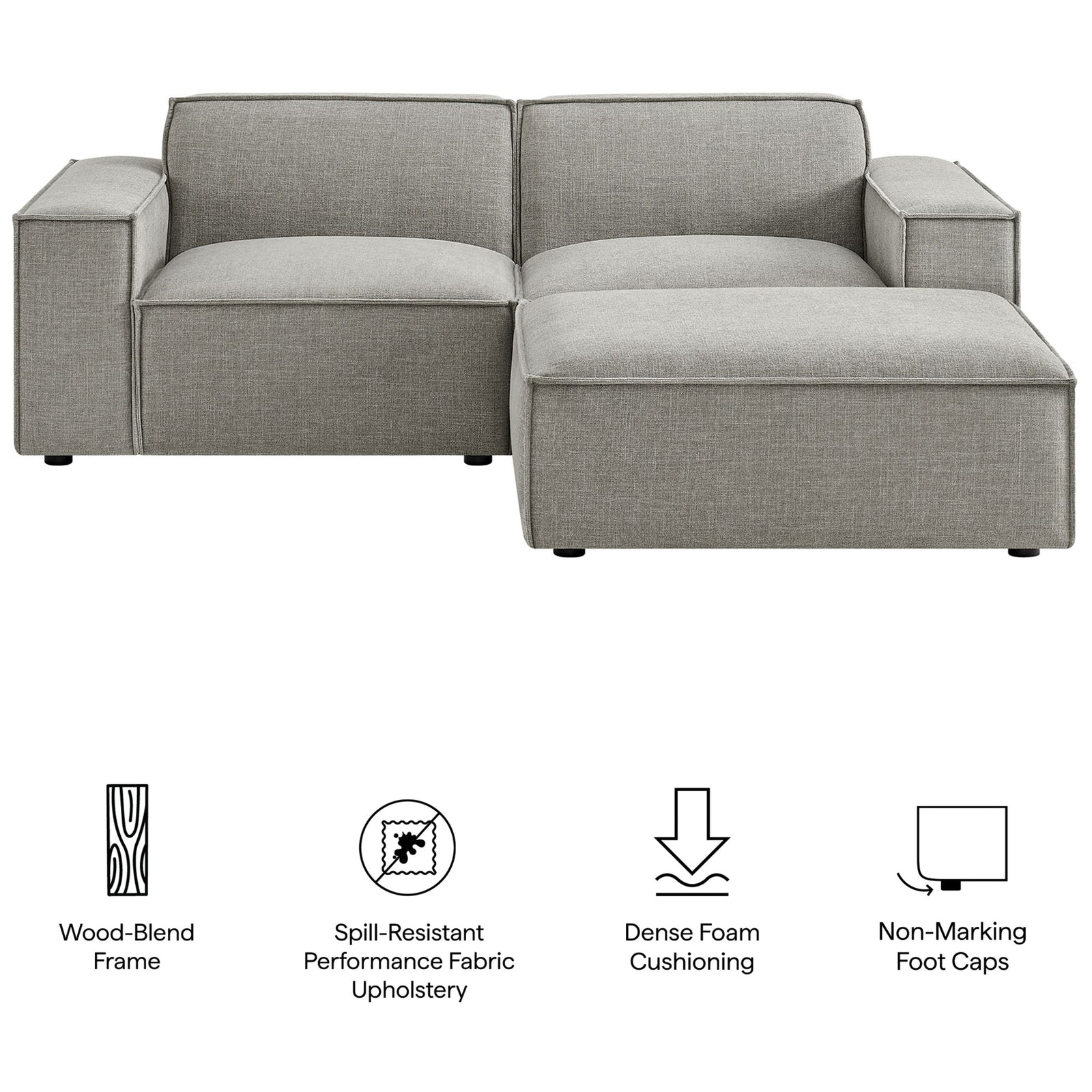 Restore modular loveseat with ottoman in pewter with icons highlighting spill-resistant fabric and soft cushioning || EEI-7405-PEW || callout_studio
