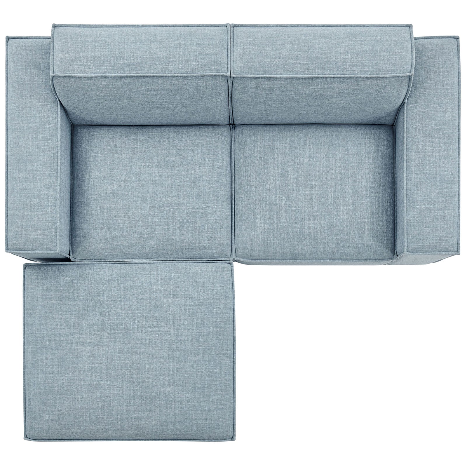 Sky blue modular loveseat with ottoman positioned on the left, emphasizing flexible modular seating options || EEI-7405-SKY || top_studio