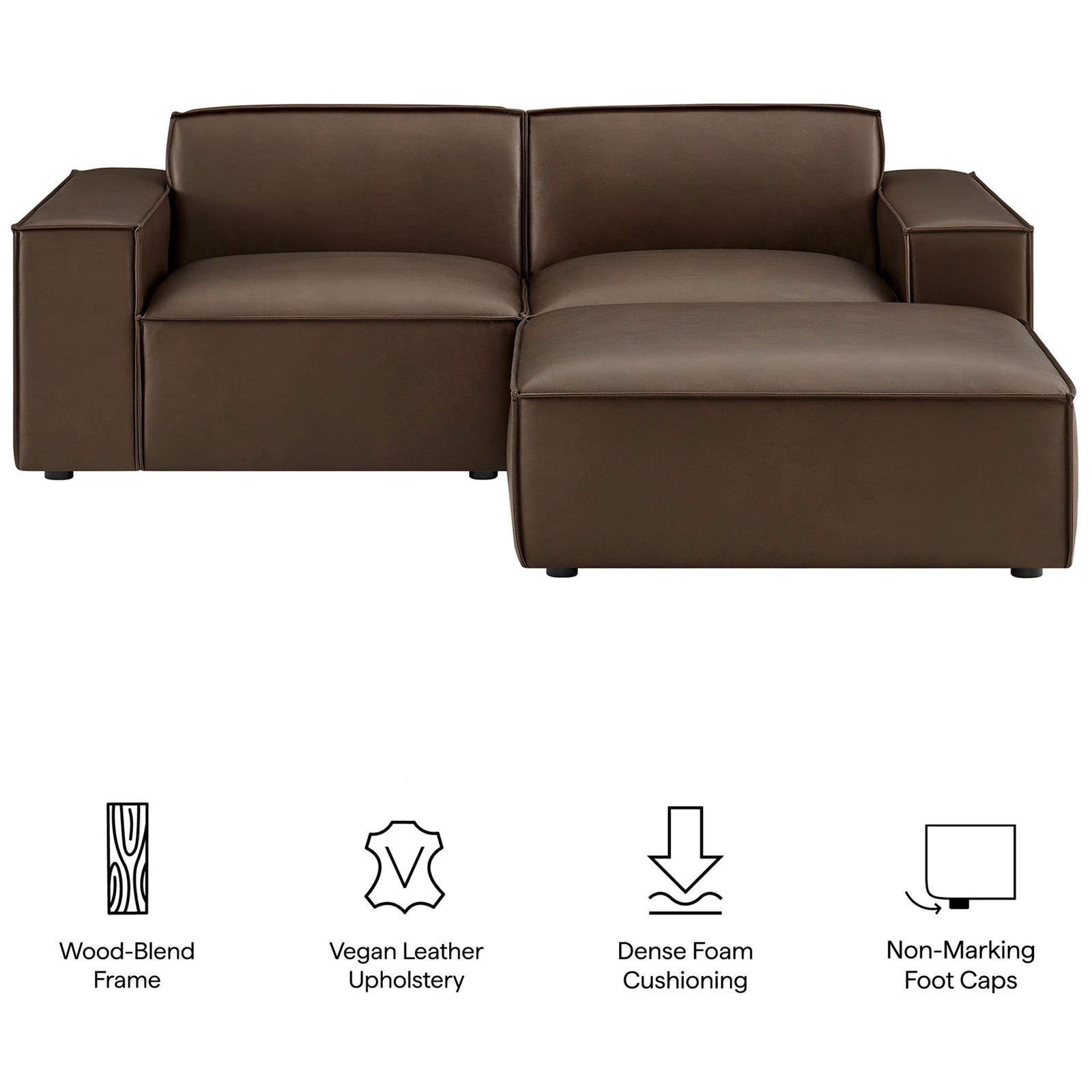 Espresso vegan leather sectional loveseat with ottoman highlights its wood-blend frame, dense foam, and floor-safe feet. || EEI-7406-ESP || callout_studio