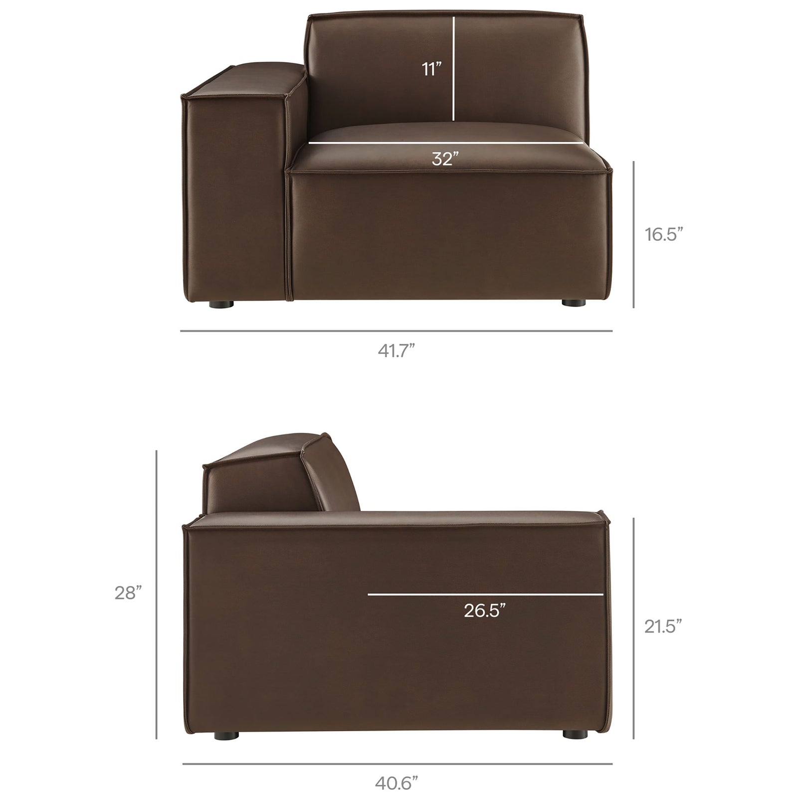 Left-facing espresso vegan leather armchair module showcases generous seat sizing with clearly marked measurements. || EEI-7406-ESP || dimension_studio