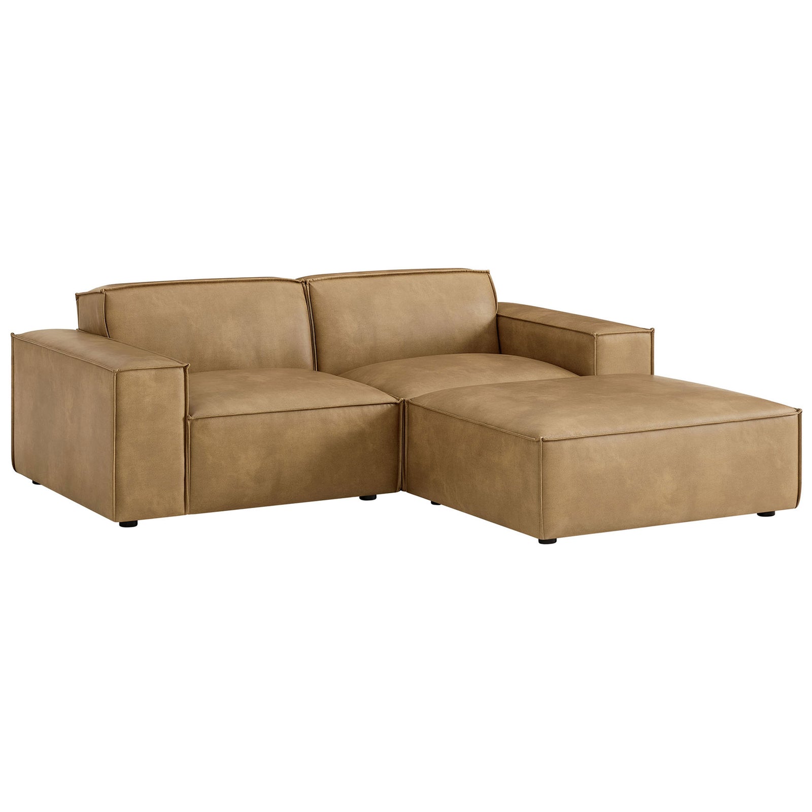 Spacious toast vegan leather modular loveseat with ottoman showcasing low-profile arms and deep seats || EEI-7406-TST || front_angle_studio