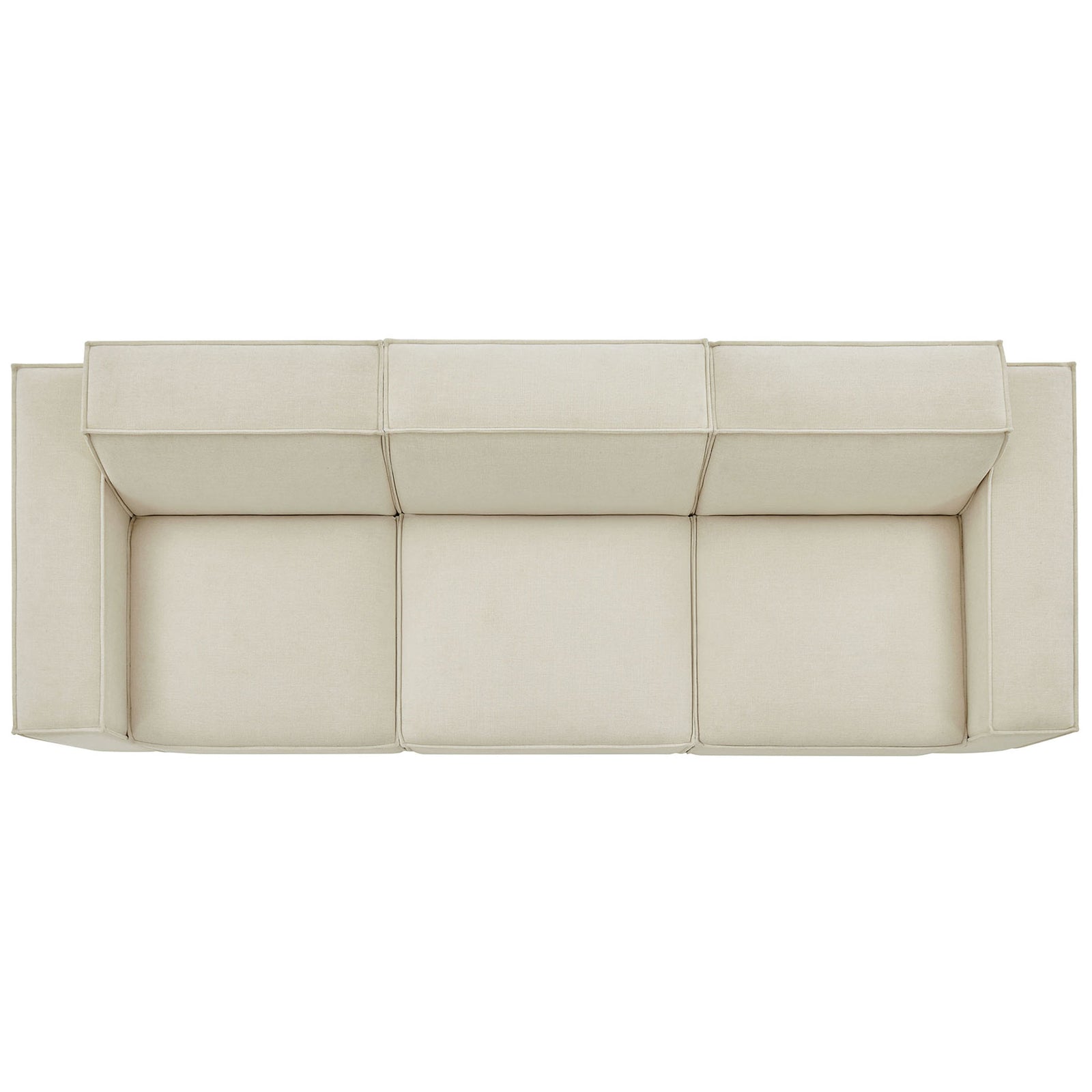 Top view of ecru modular sofa highlighting triple seat layout and generous pillow like back cushions || EEI-7407-ECR || top_studio