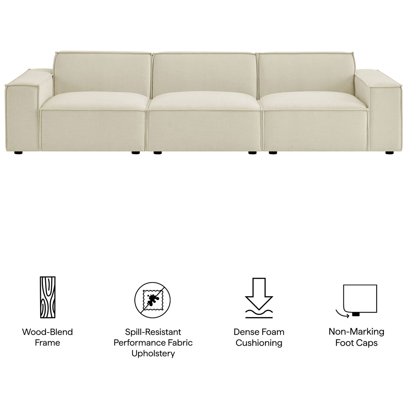 Ecru modular sofa featuring wood blend frame spill resistant fabric dense foam and non marking foot caps || EEI-7407-ECR || callout_studio
