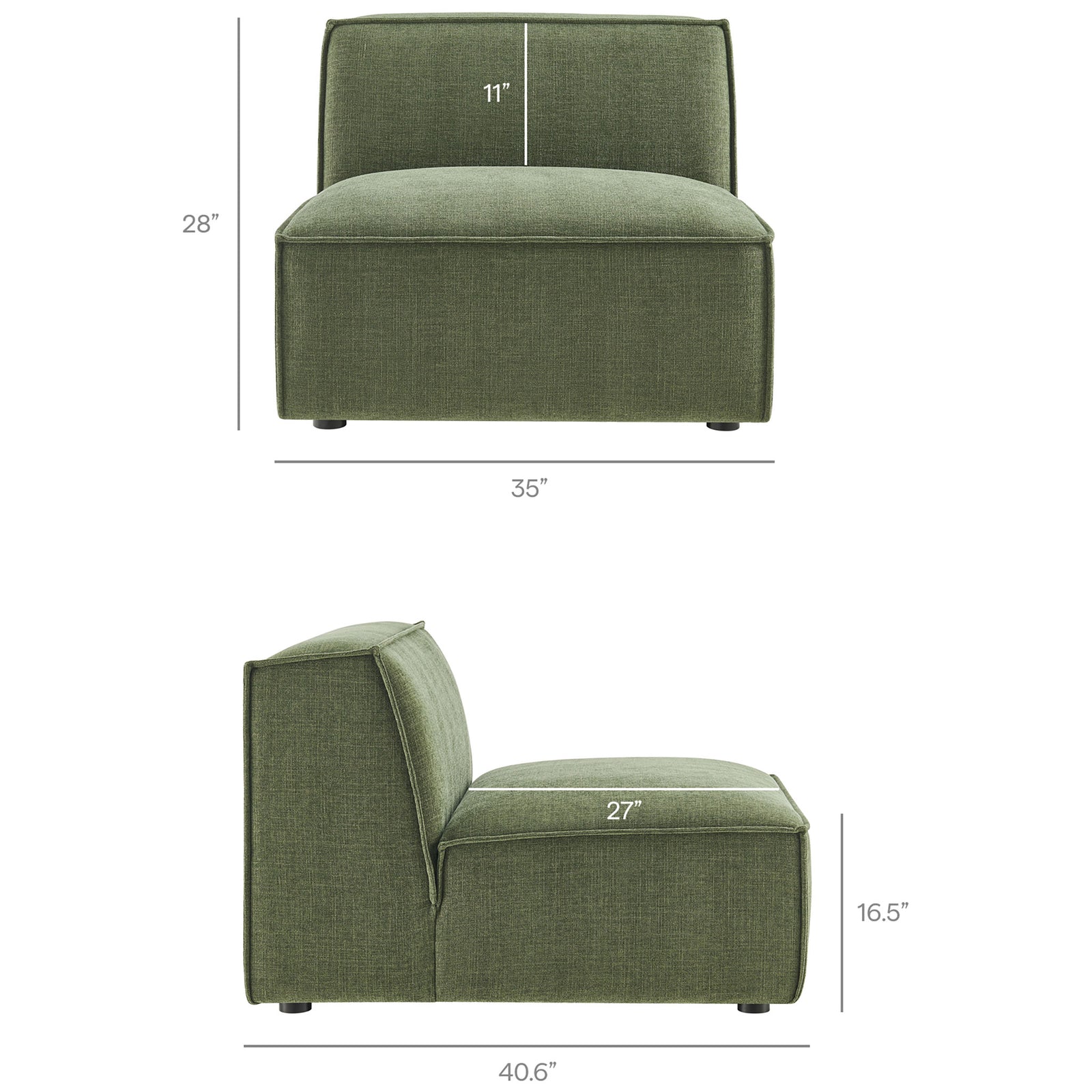 Armless modular chair section diagram with precise height, width, and depth dimensions labeled || EEI-7407-FOL || dimension_studio