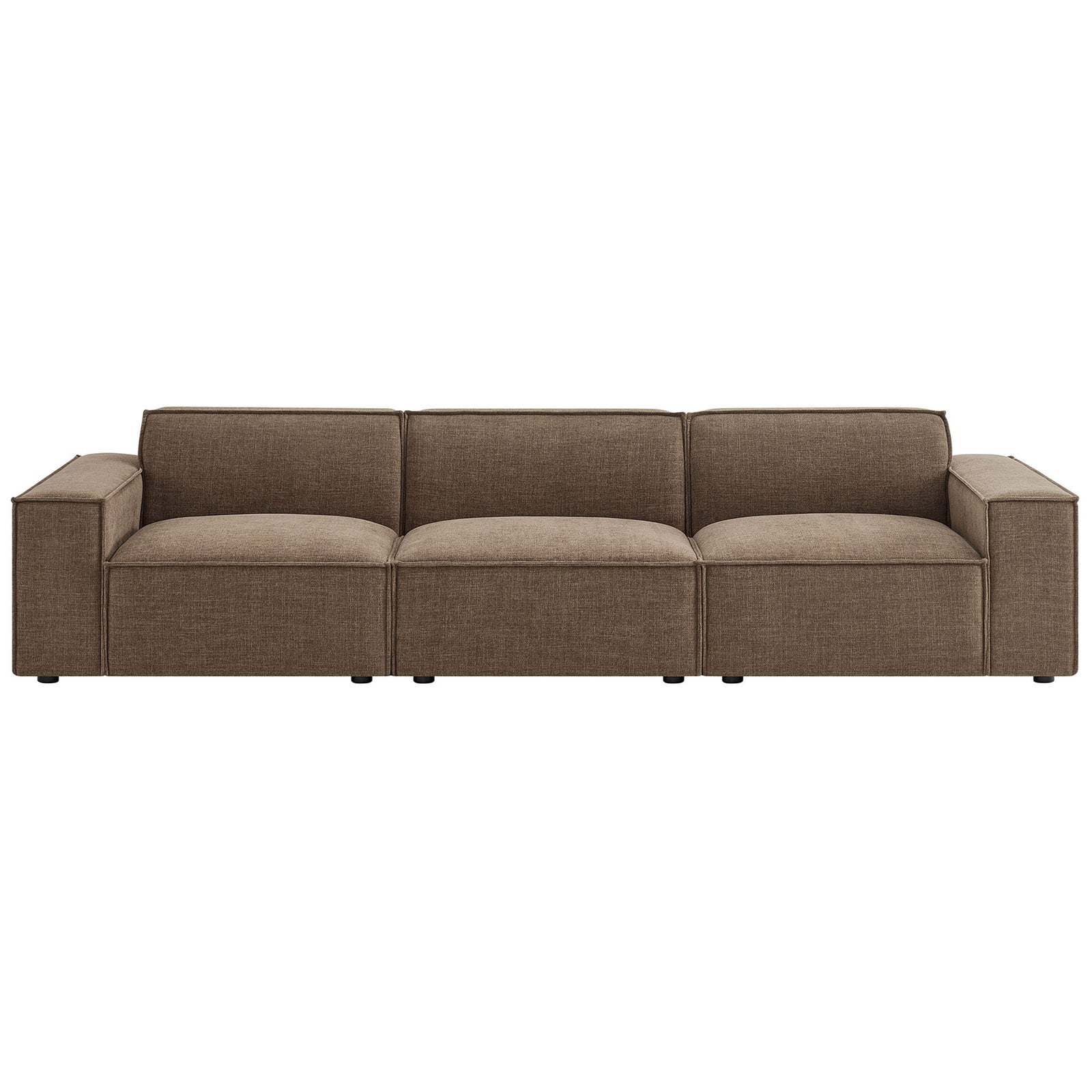 Mocha modular three-seat sofa with plush cushions, wide track arms, and clean tailored lines. || EEI-7407-MOC || front_studio