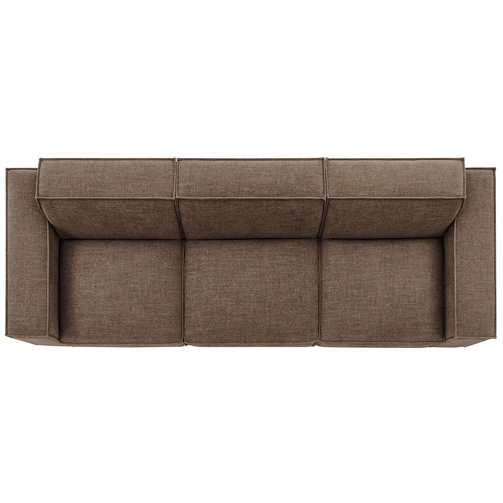 Three-piece mocha modular sofa with three spacious seats, low backs, and neatly piped edges. || EEI-7407-MOC || top_studio