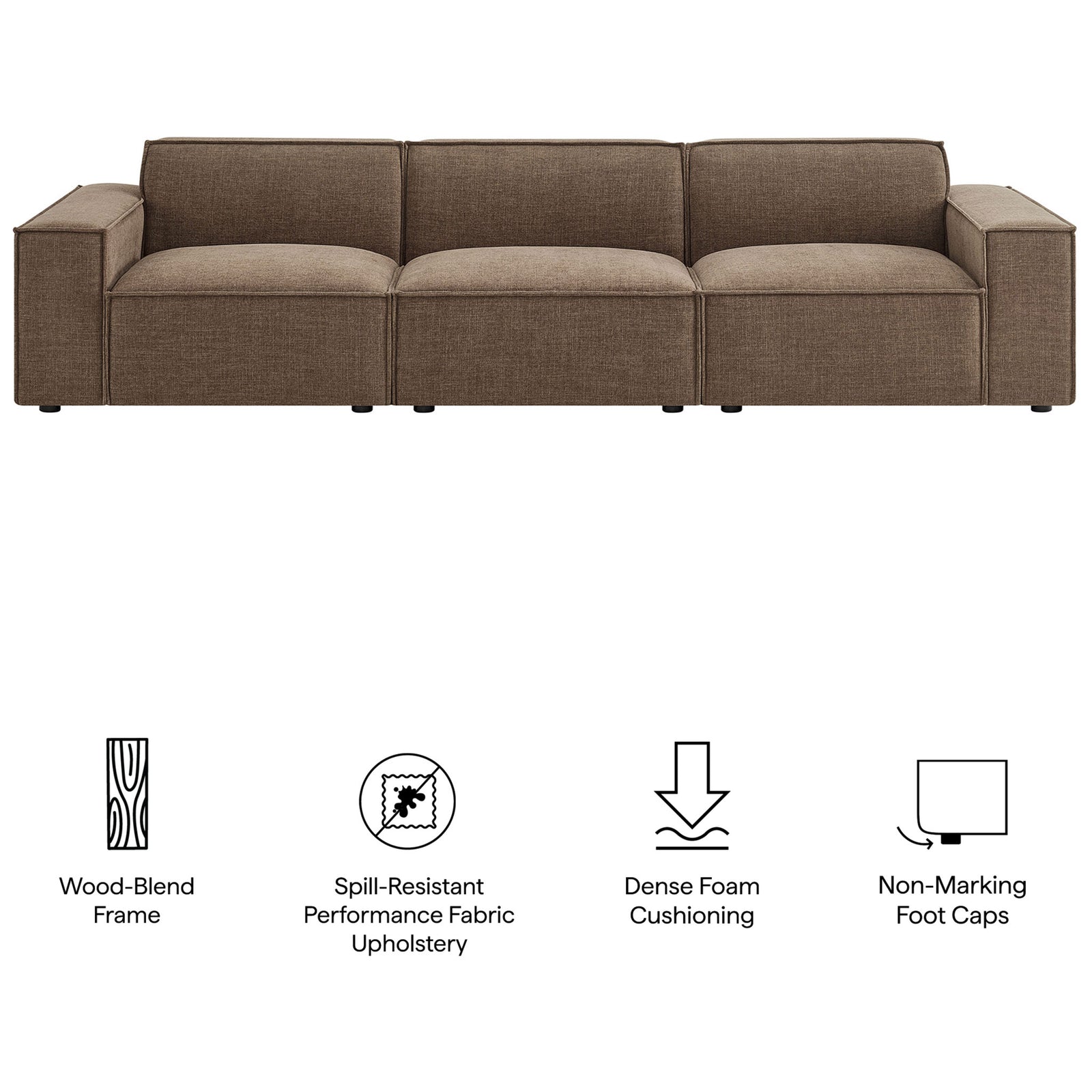 Mocha modular sofa featuring wood-blend frame, spill-resistant upholstery, dense foam, and non-marking feet. || EEI-7407-MOC || callout_studio