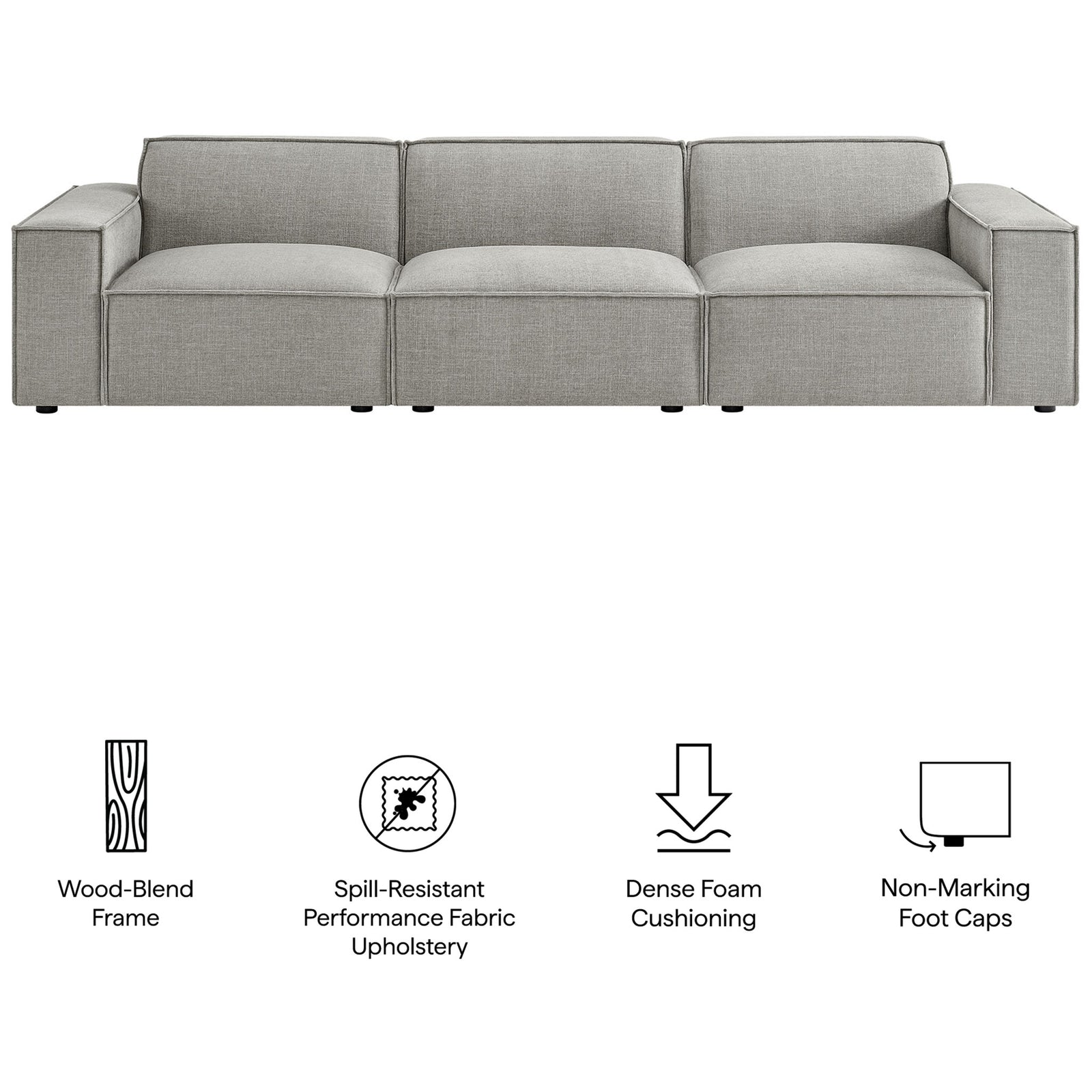 Pewter modular sofa highlighted with icons for wood blend frame, performance fabric, dense foam, and foot caps. || EEI-7407-PEW || callout_studio
