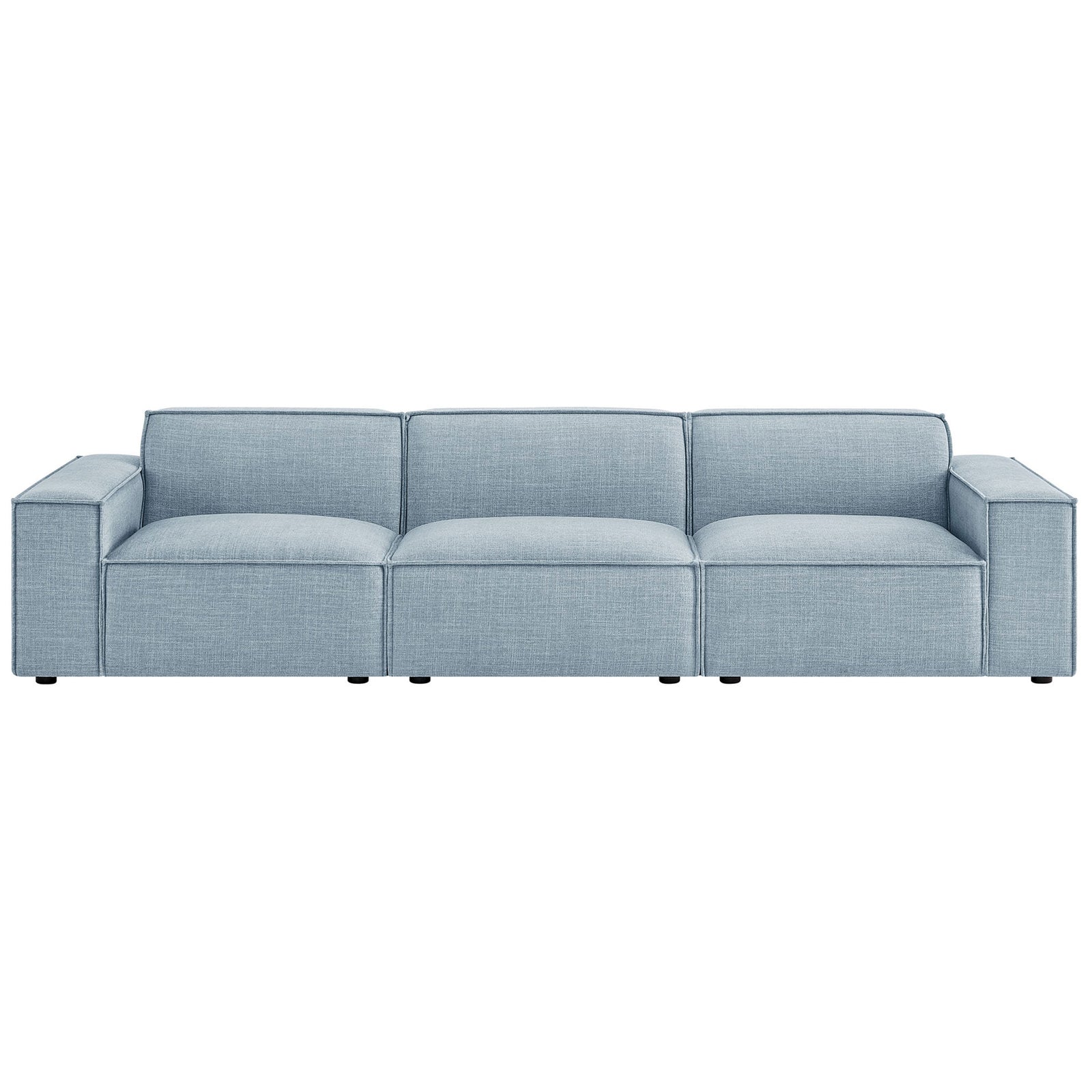 Sky blue modular sofa with wide track arms and tailored piping across three seats || EEI-7407-SKY || front_studio