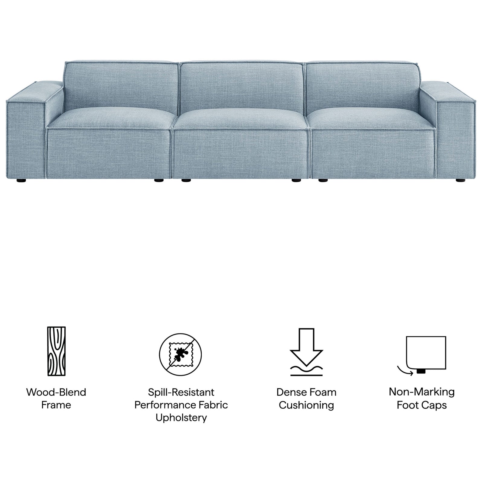 Sky blue modular sofa featuring performance fabric, dense cushioning, and floor-safe foot caps || EEI-7407-SKY || callout_studio