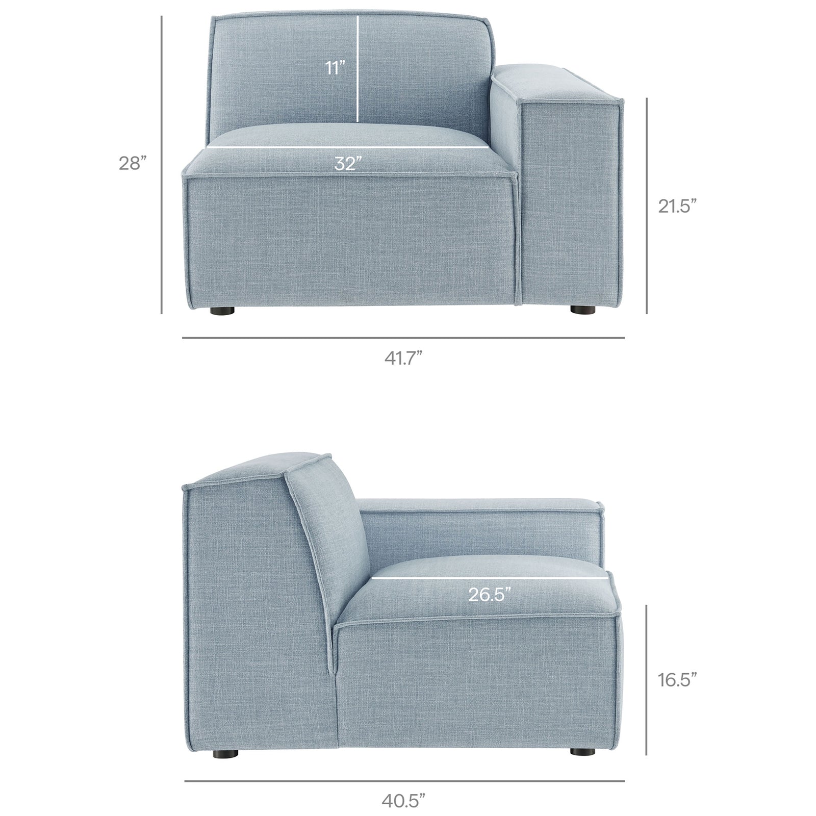 Sky blue right-arm modular chair with plush cushioning and a wide, comfortable track arm || EEI-7407-SKY || dimension_studio