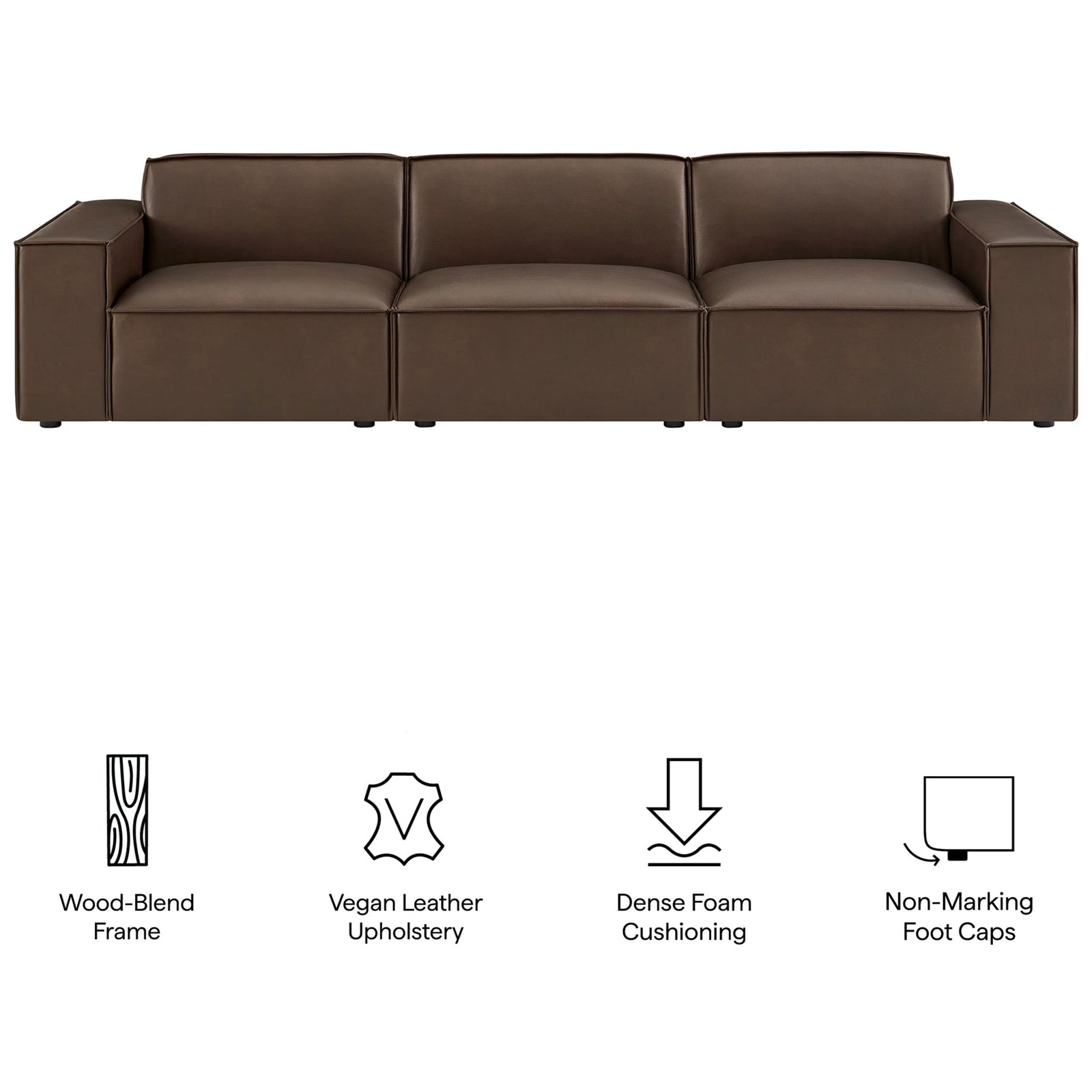 Espresso vegan leather modular sofa with icons highlighting wood-blend frame, dense foam, and non-marking feet || EEI-7408-ESP || callout_studio