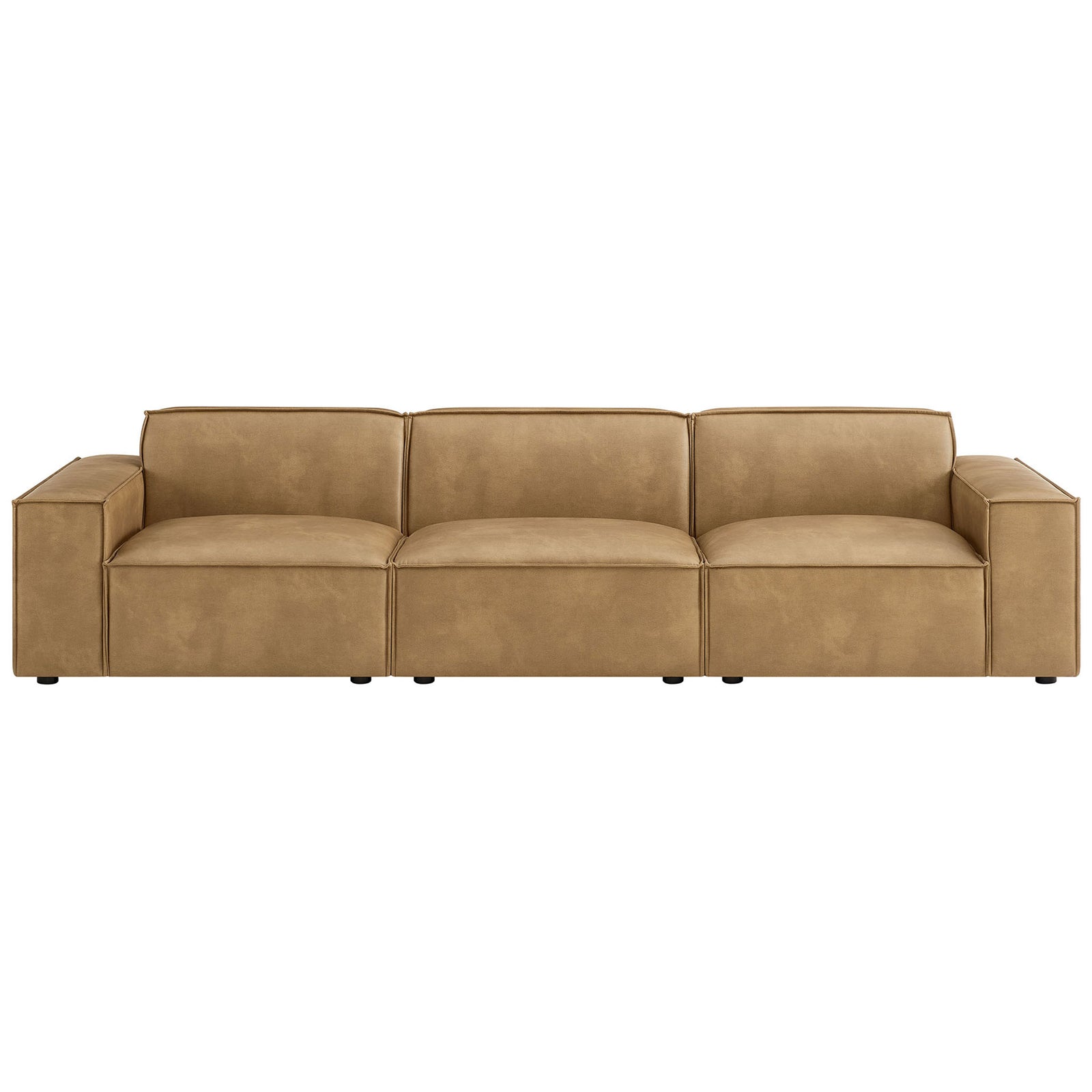 Three-piece toast vegan leather modular sofa with deep seats and broad track arms for relaxed lounging. || EEI-7408-TST || front_studio