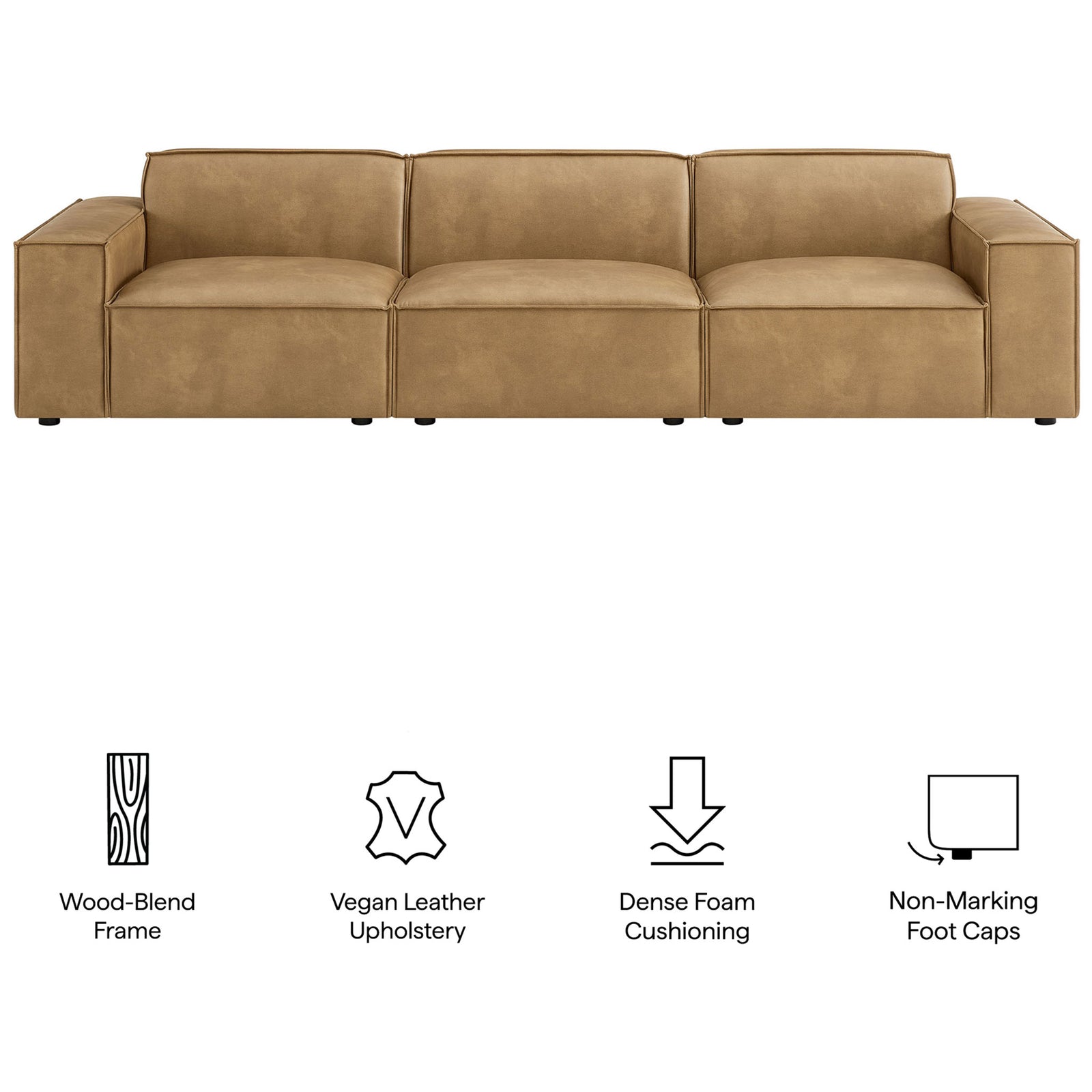 Feature overview of the toast vegan leather modular sofa with wood-blend frame and supportive cushioning. || EEI-7408-TST || callout_studio