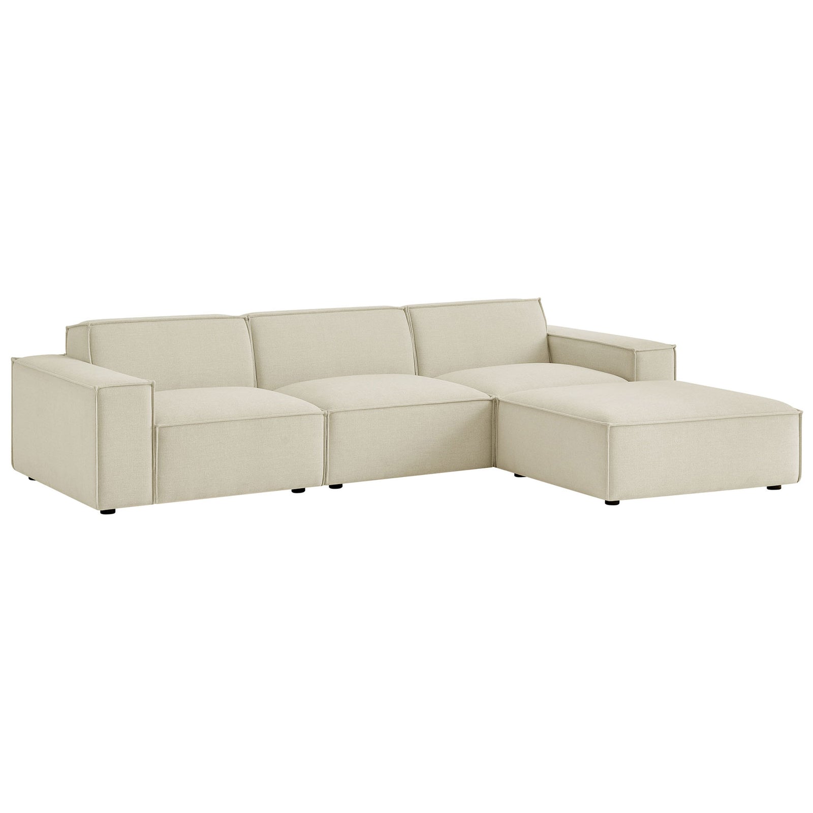 Ecru performance modular sofa with ottoman and wide track arms for relaxed lounging || EEI-7409-ECR || front_angle_studio