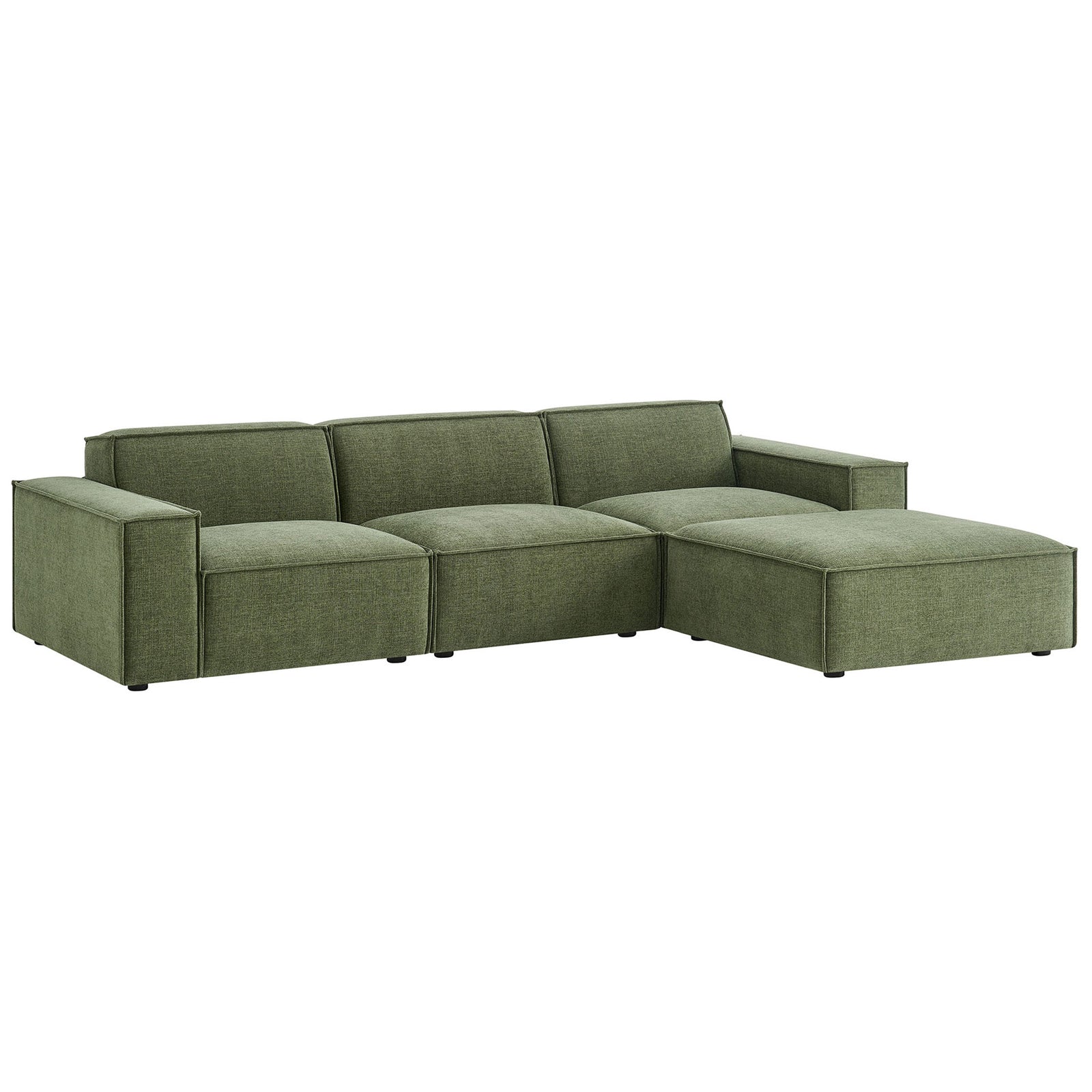 Foliage green modular sofa set with chaise-style ottoman and tailored French piping || EEI-7409-FOL || front_angle_studio