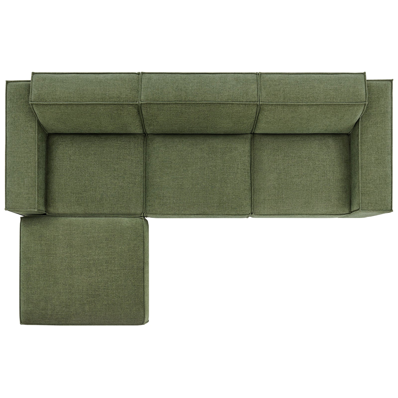 Green modular sectional arranged with left-hand ottoman for flexible living room layouts || EEI-7409-FOL || top_studio