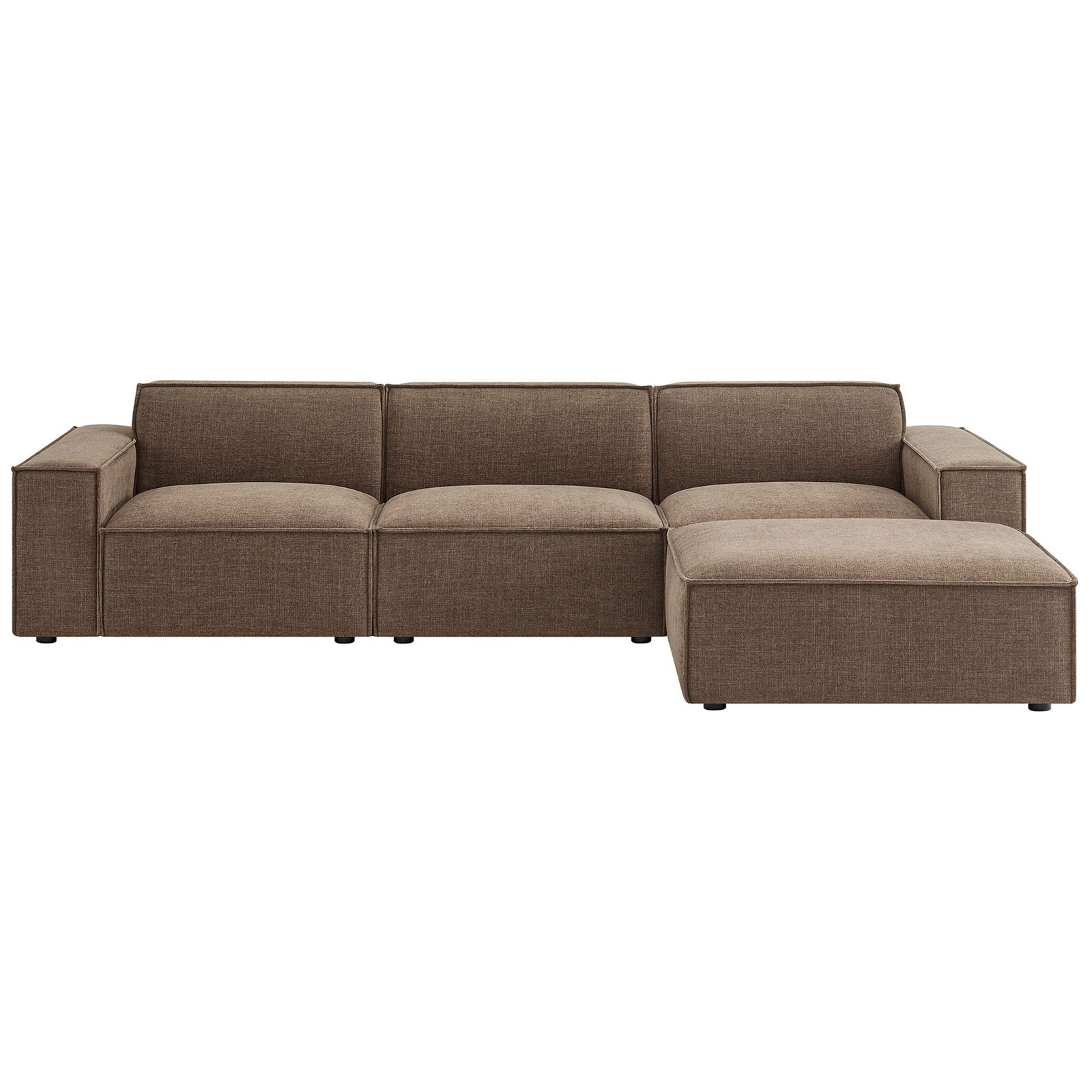 Mocha performance fabric modular sofa set with chaise and ottoman for relaxed, low-profile lounging. || EEI-7409-MOC || front_studio