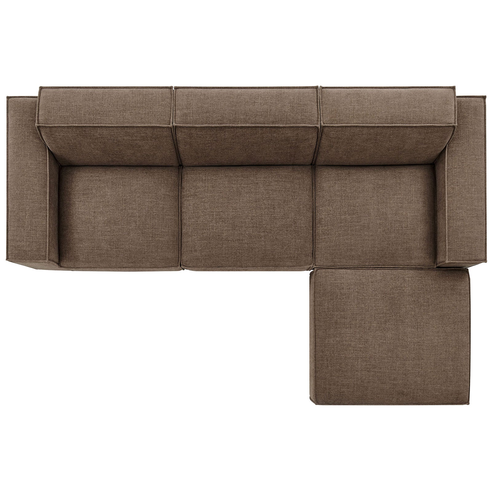 Mocha modular sectional arranged in an L-shape with chaise, showing generous seating and lounge space. || EEI-7409-MOC || top_studio