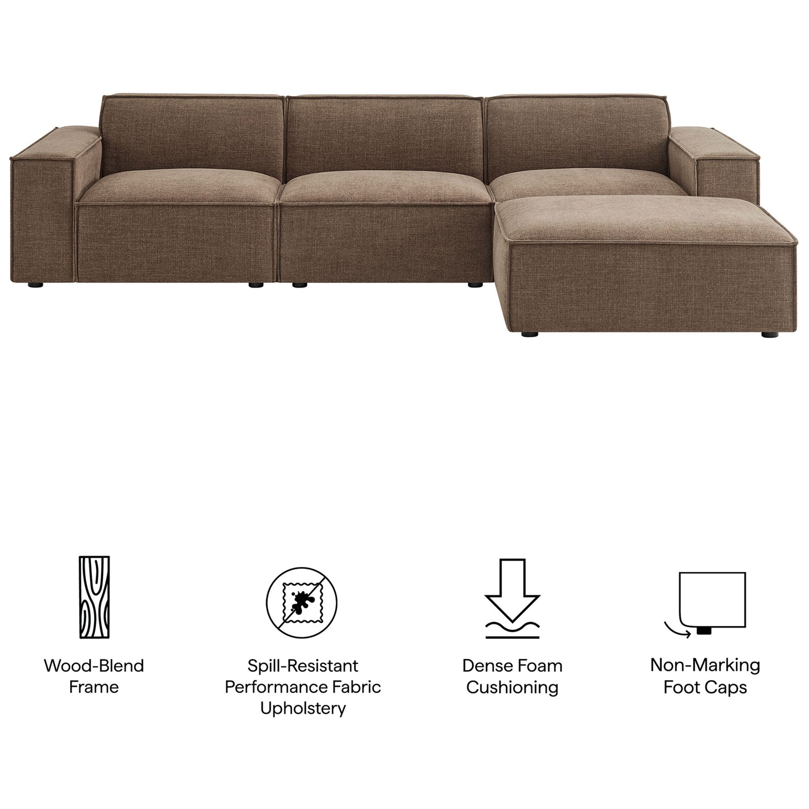 Feature overview of the mocha modular sofa showcasing performance fabric, dense cushions, and sturdy frame icons. || EEI-7409-MOC || callout_studio