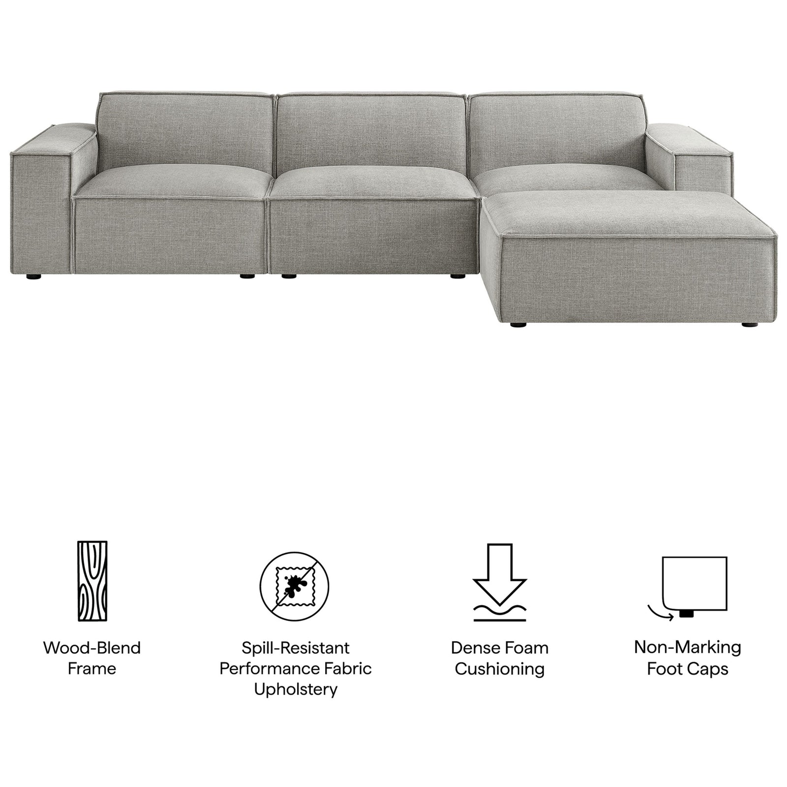Restore modular sofa set highlighting wood-blend frame, dense foam, and performance fabric || EEI-7409-PEW || callout_studio