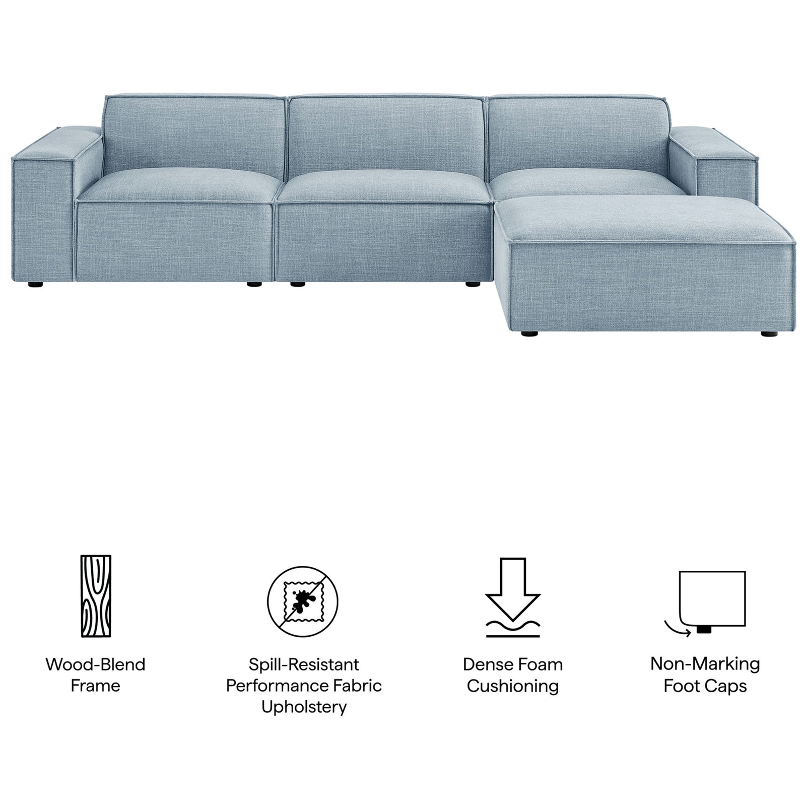 Sky blue Restore modular sectional highlighting performance fabric, dense foam comfort, and durable wood-blend frame || EEI-7409-SKY || callout_studio
