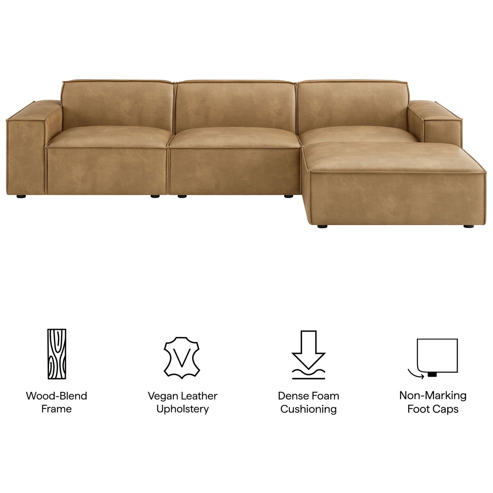 Restore modular vegan leather sectional with ottoman highlighting frame, cushioning, and protective foot caps || EEI-7410-TST || callout_studio