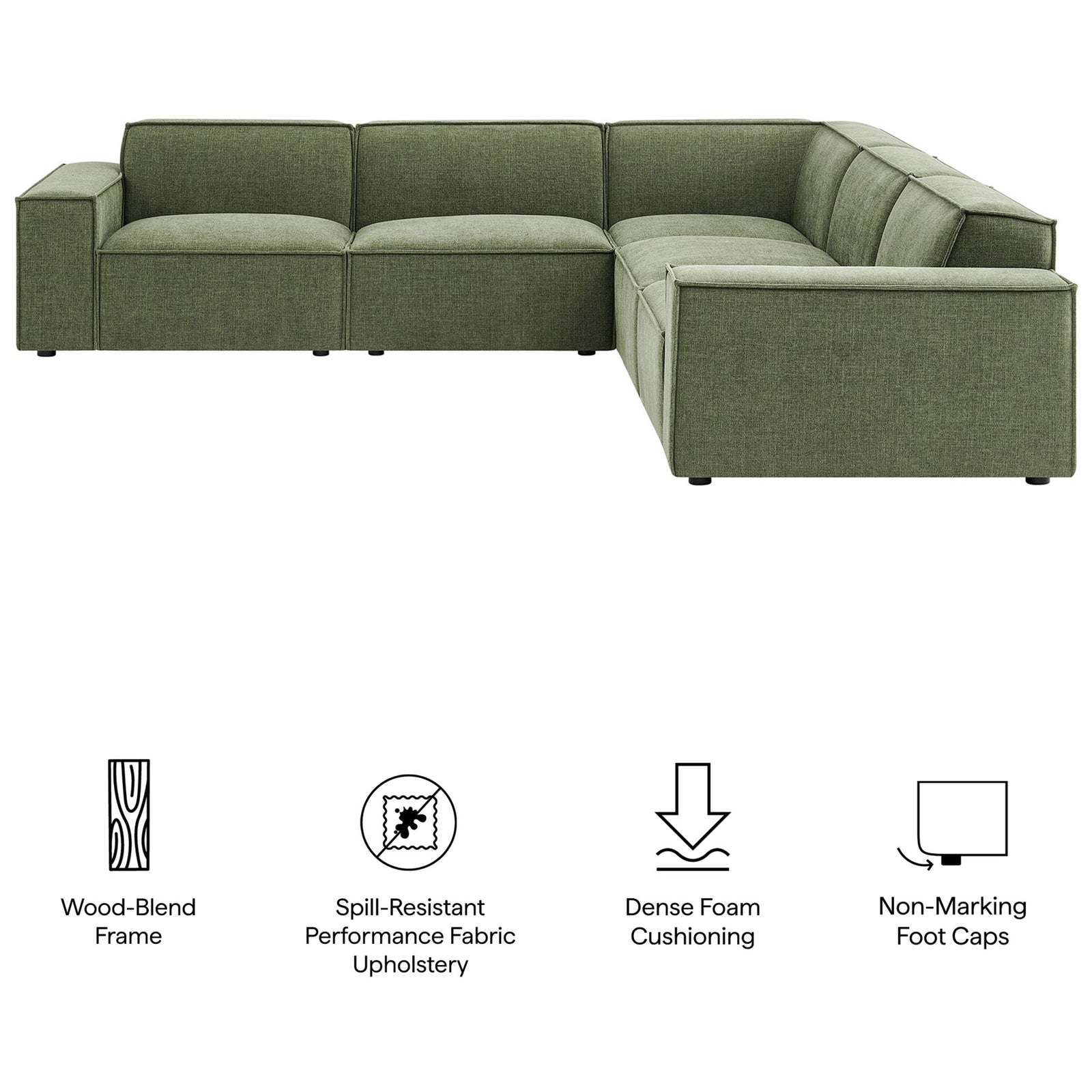 Restore sectional with icons calling out its wood-blend frame, spill-resistant fabric, dense foam, and floor-safe feet. || EEI-7411-FOL || callout_studio