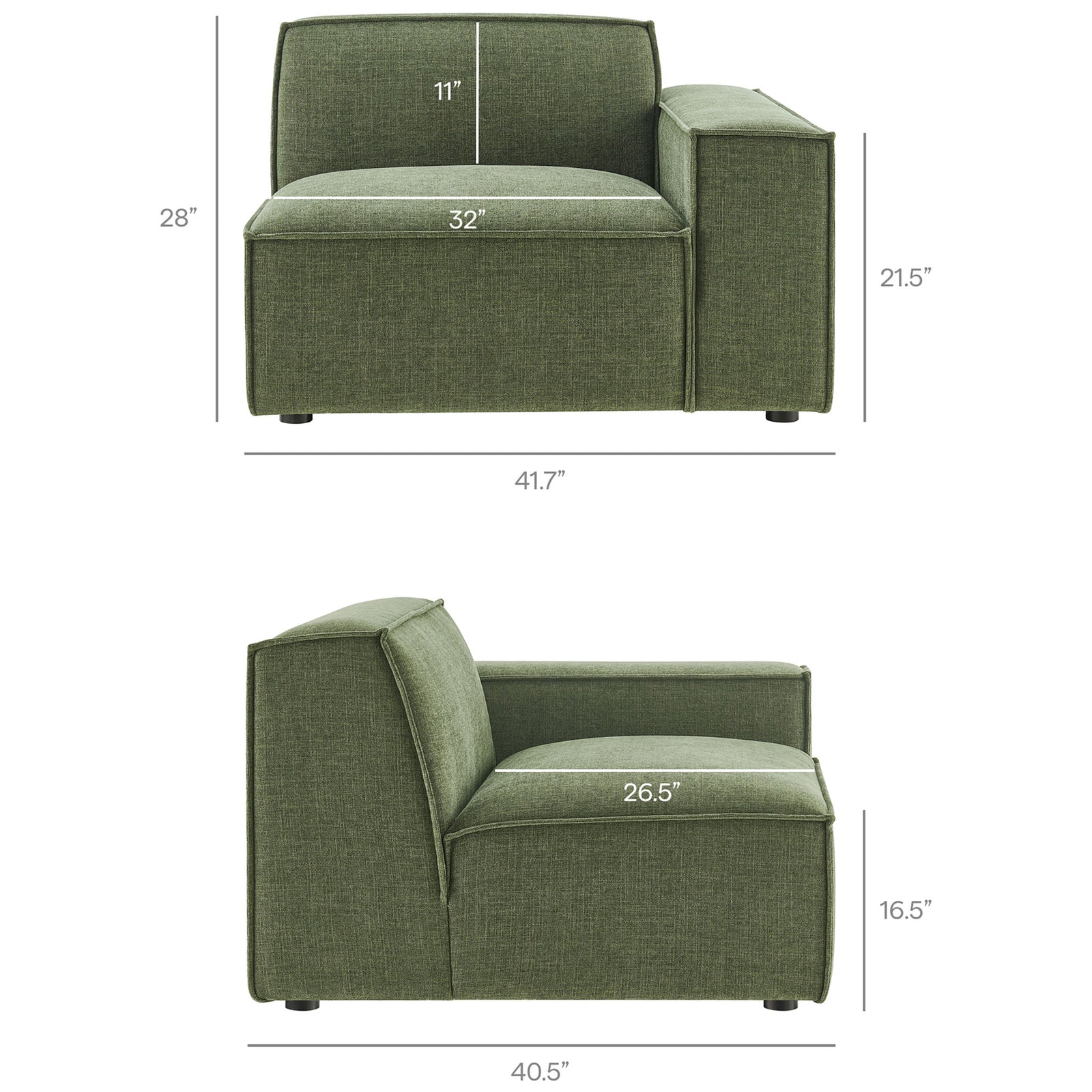 Dimension diagram for modular lounge chair with opposite arm, noting seat height, depth, and overall proportions. || EEI-7411-FOL || dimension_studio