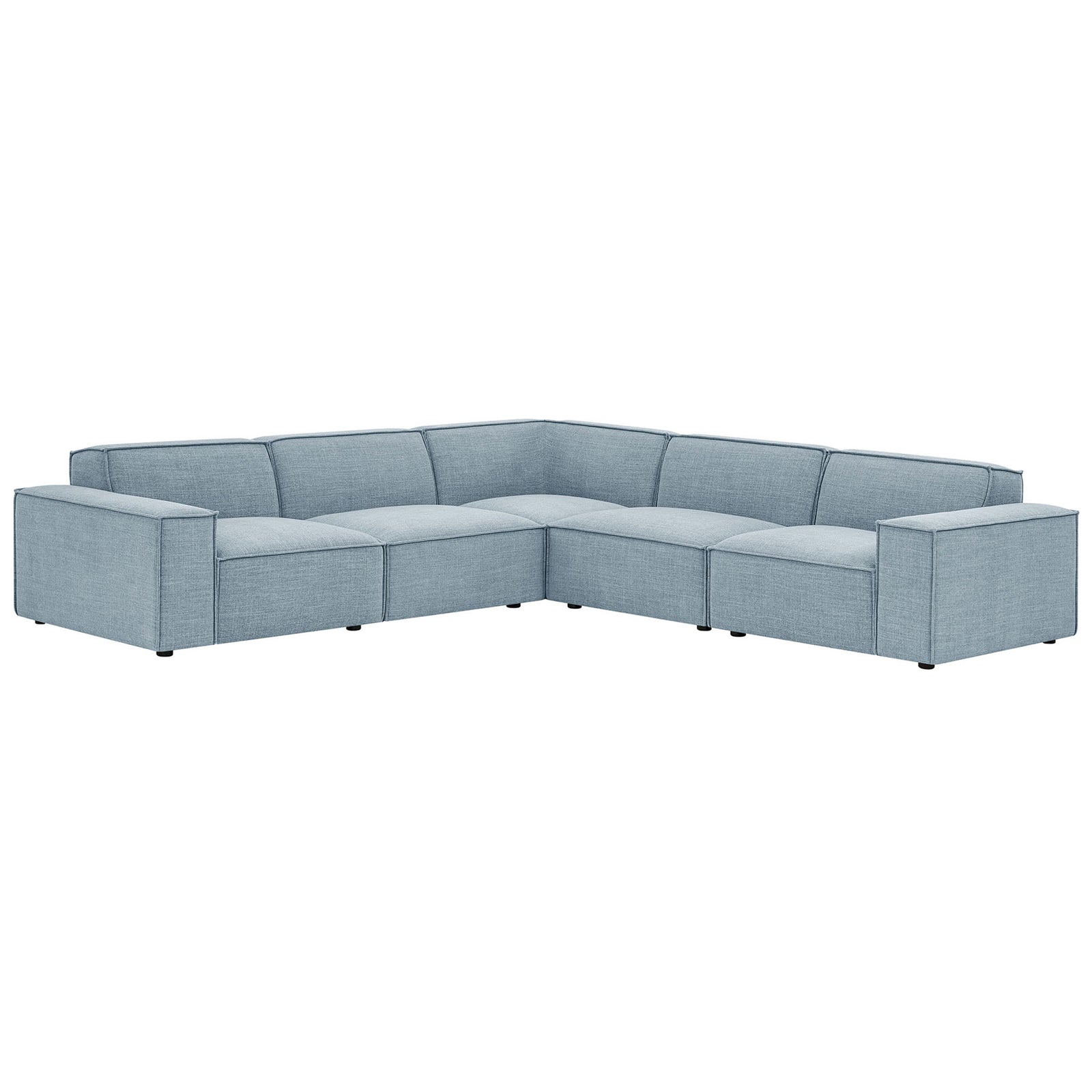 Sky blue modular L-shaped sectional with deep cushions and wide track arms for relaxed lounging || EEI-7411-SKY || front_angle_studio