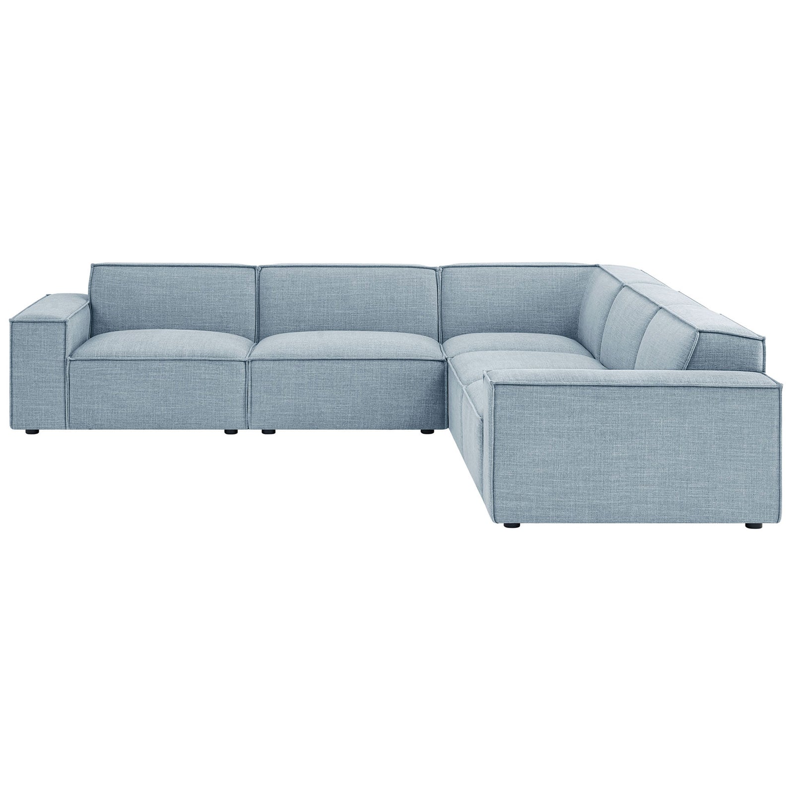 Spacious five-piece sky blue modular sofa offering generous seating and crisp modern lines || EEI-7411-SKY || front_studio