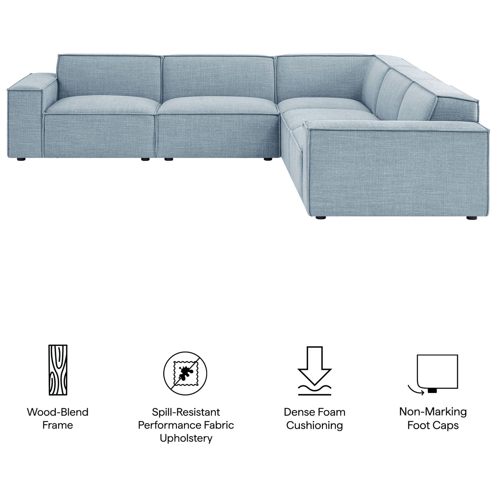 Sky blue modular sectional highlighting wood-blend frame, performance fabric, dense foam, and foot caps || EEI-7411-SKY || callout_studio