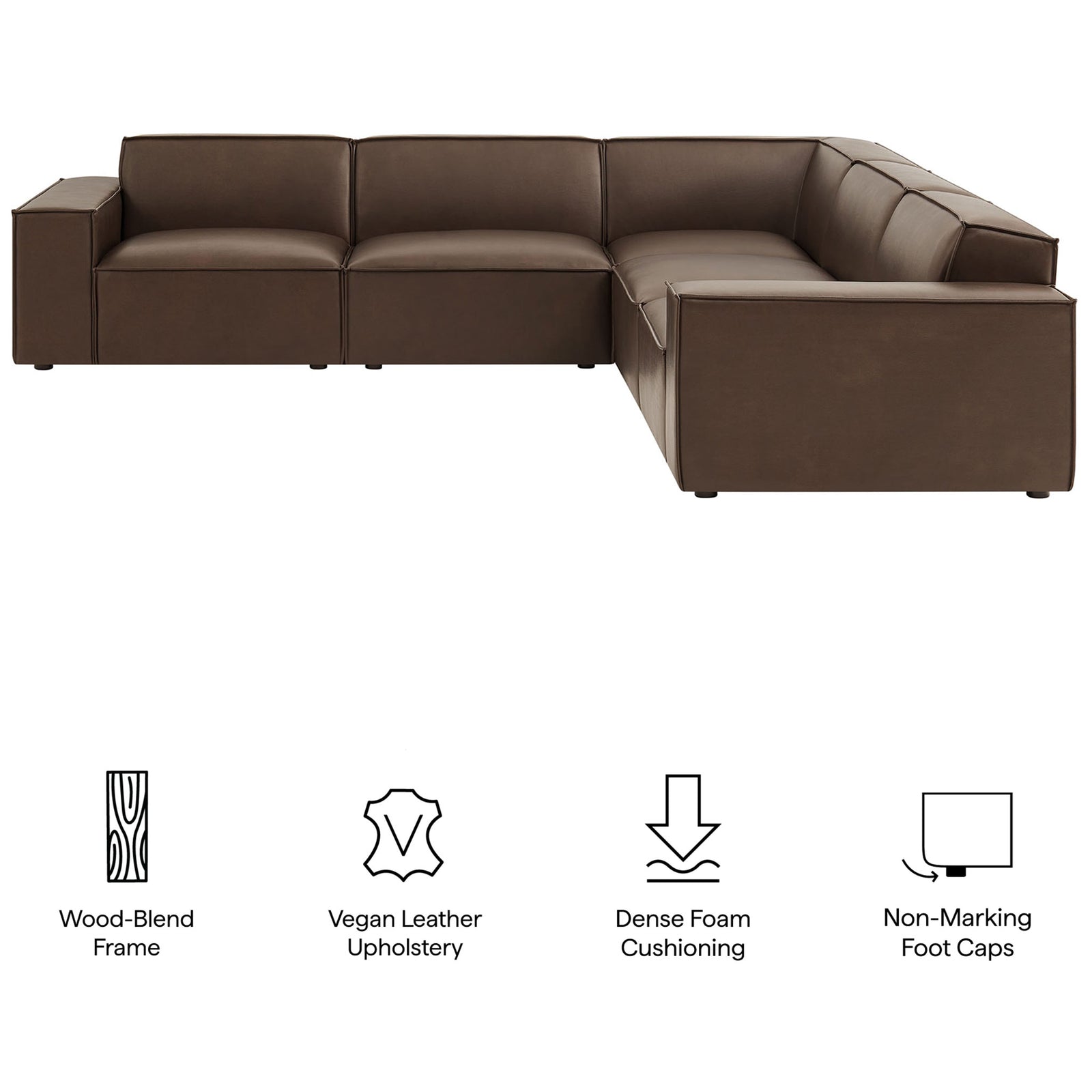 Modular L-shaped sofa in espresso vegan leather featuring dense foam cushions and protective non-marking foot caps || EEI-7412-ESP || callout_studio