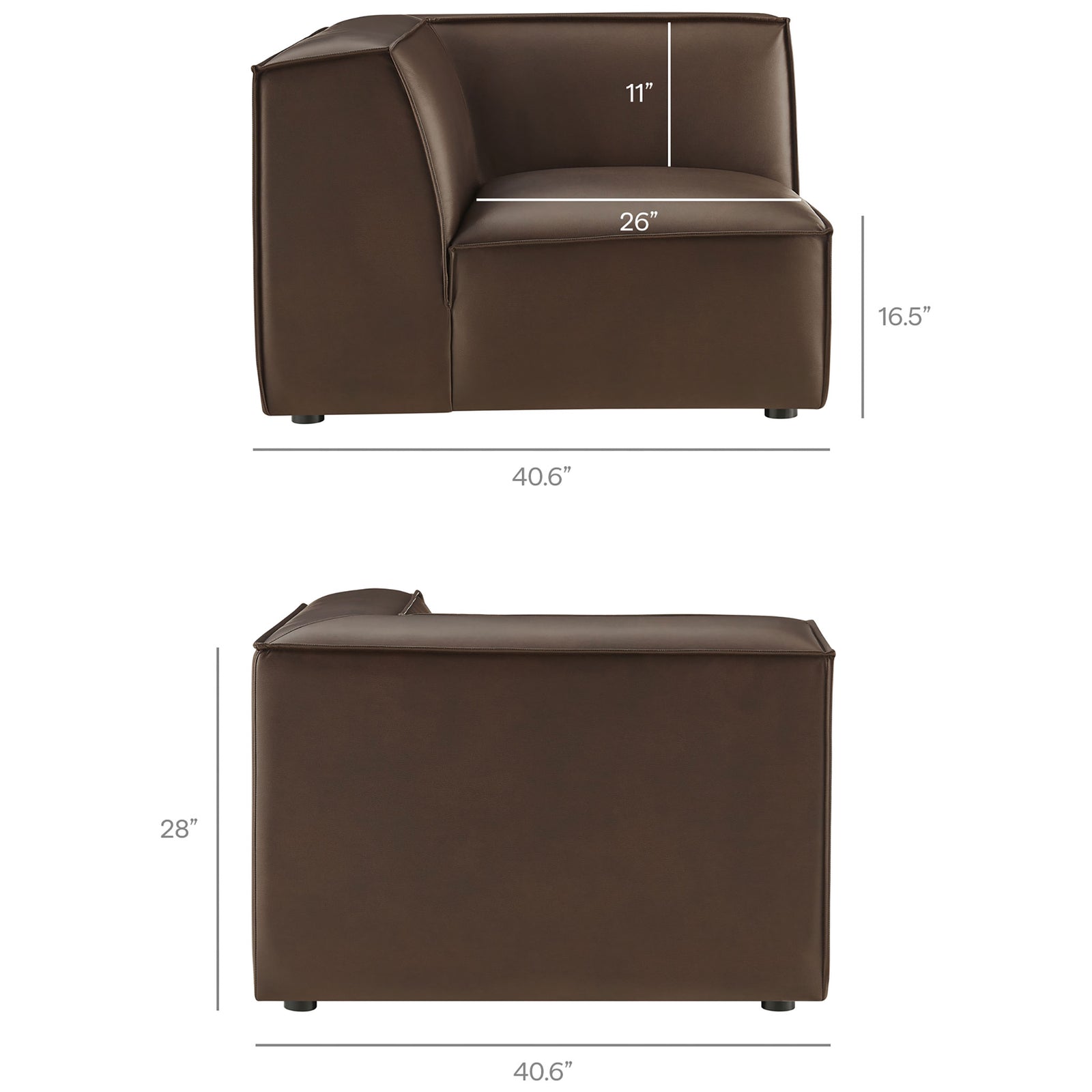 Corner module with wraparound backrest and plush espresso vegan leather cushions for cozy lounging || EEI-7412-ESP || dimension_studio