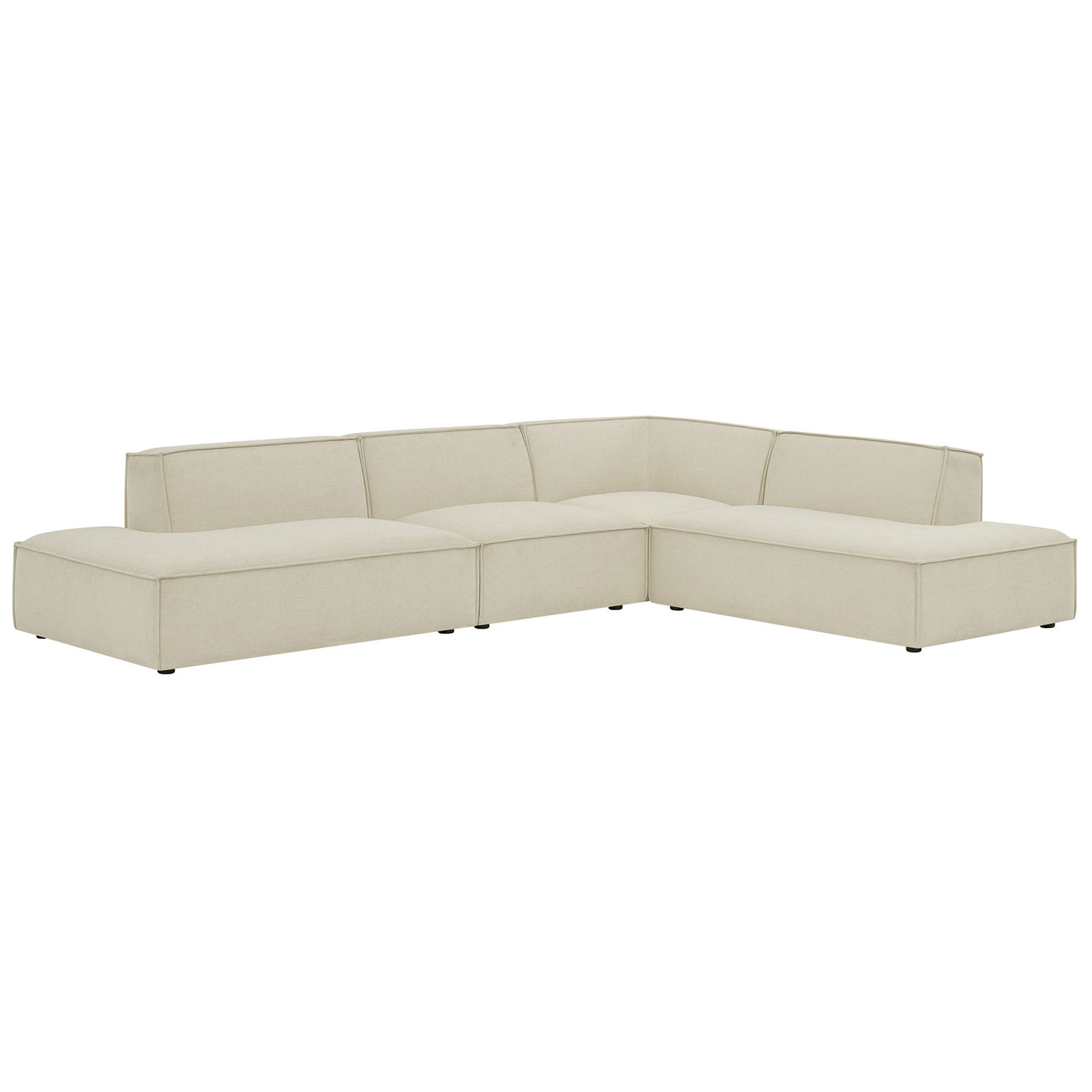 Spacious L-shaped modular sectional in ecru with armless chaises and deep lounge-ready seating. || EEI-7413-ECR || front_angle_studio