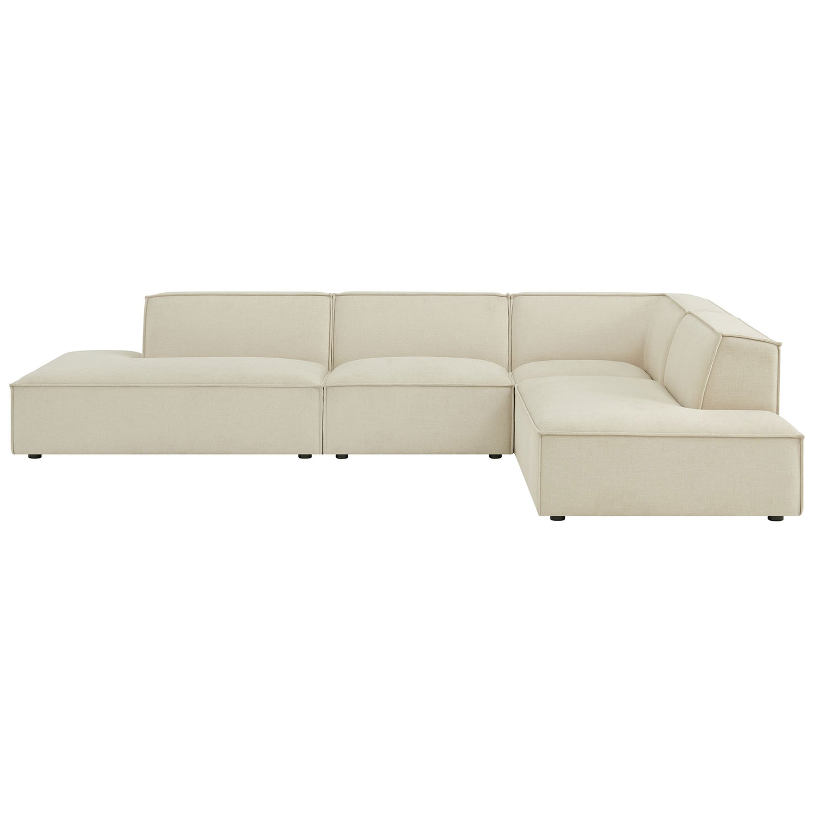 Ecru performance fabric modular sectional with wide low-profile seats and clean tailored lines. || EEI-7413-ECR || front_studio