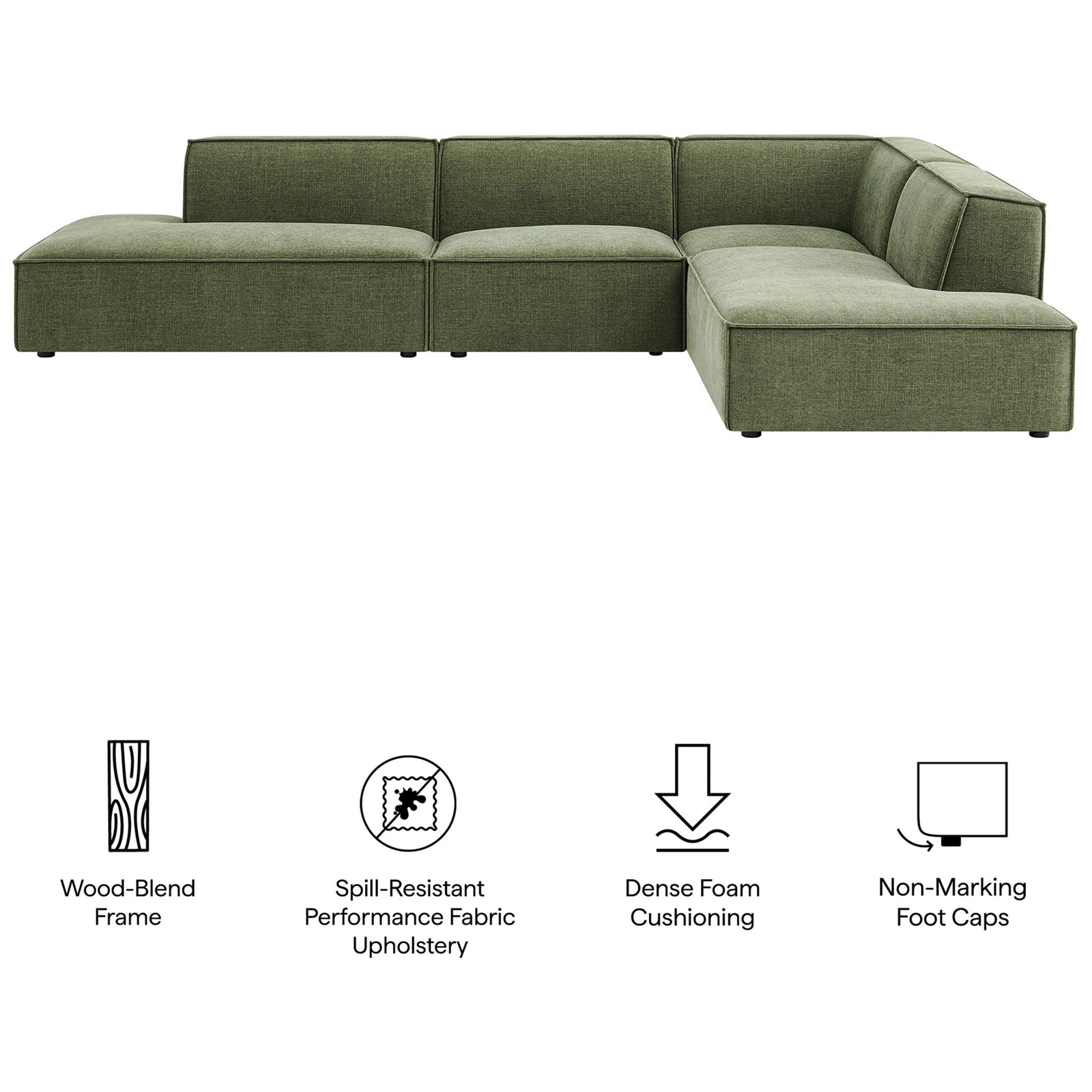 Green Restore modular sectional with icons highlighting performance fabric, foam comfort, and sturdy frame. || EEI-7413-FOL || callout_studio