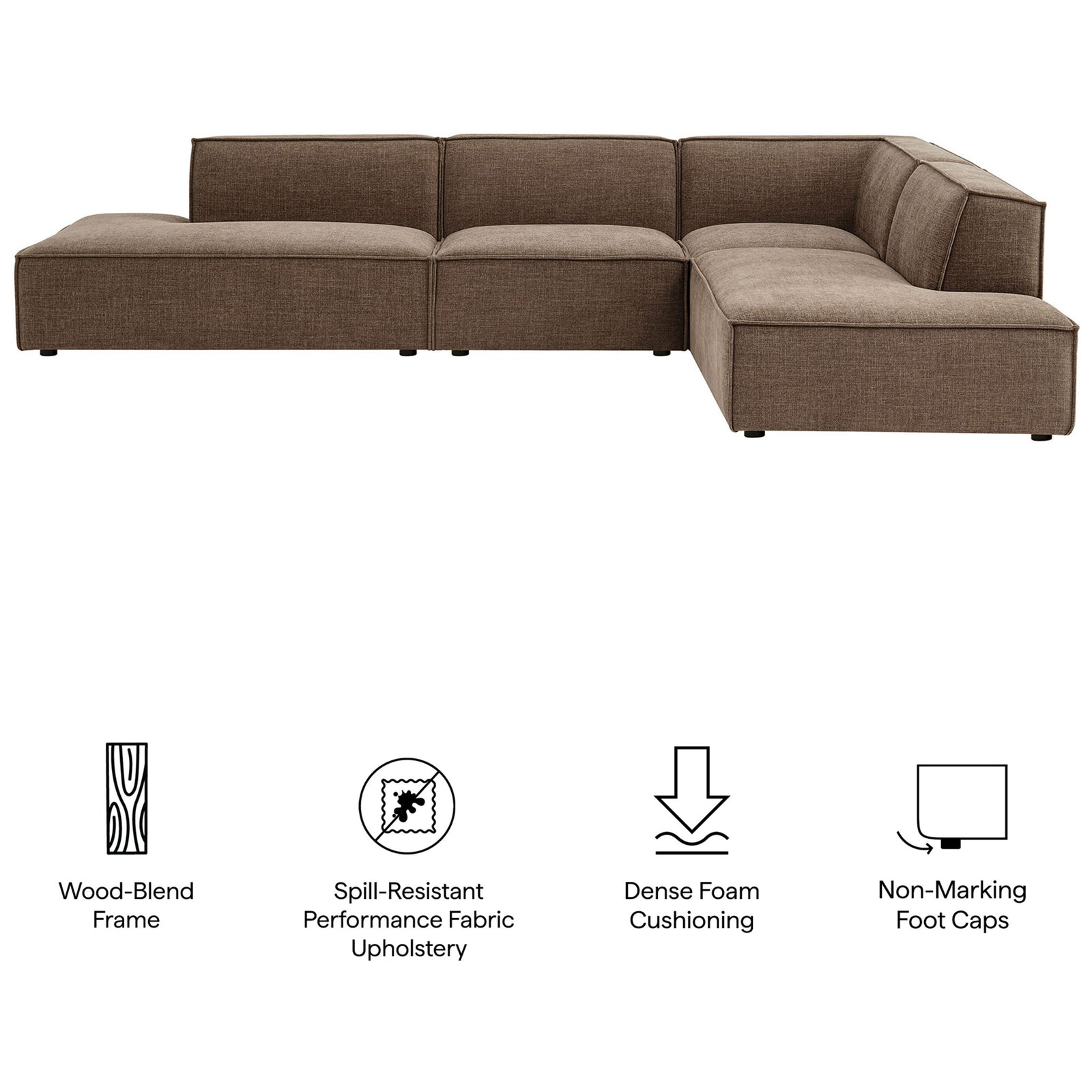 Mocha modular sectional highlighted with icons for sturdy frame, plush cushions, and floor protection || EEI-7413-MOC || callout_studio