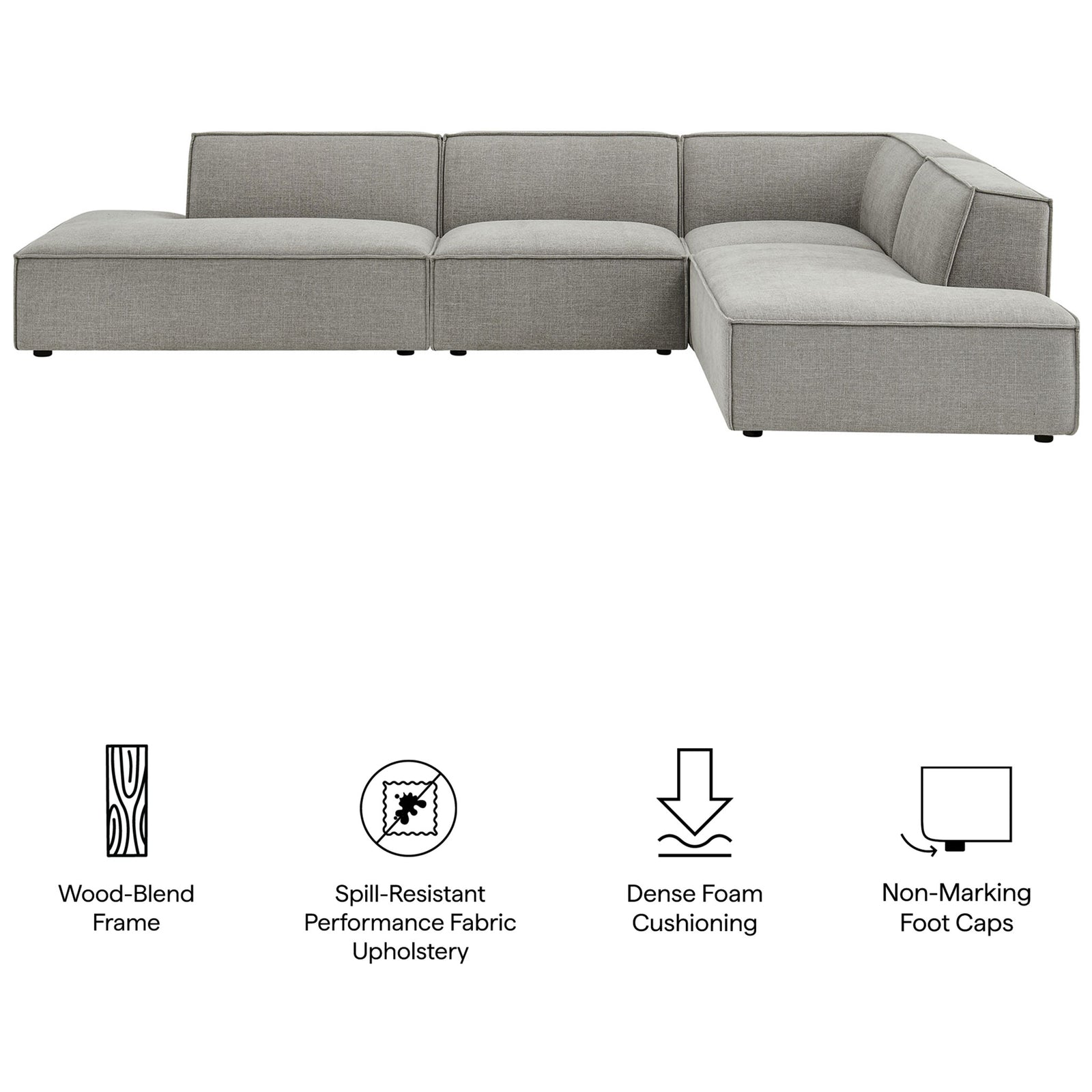 Pewter modular sectional highlighting spill-resistant fabric, dense foam cushions, and non-marking foot caps || EEI-7413-PEW || callout_studio