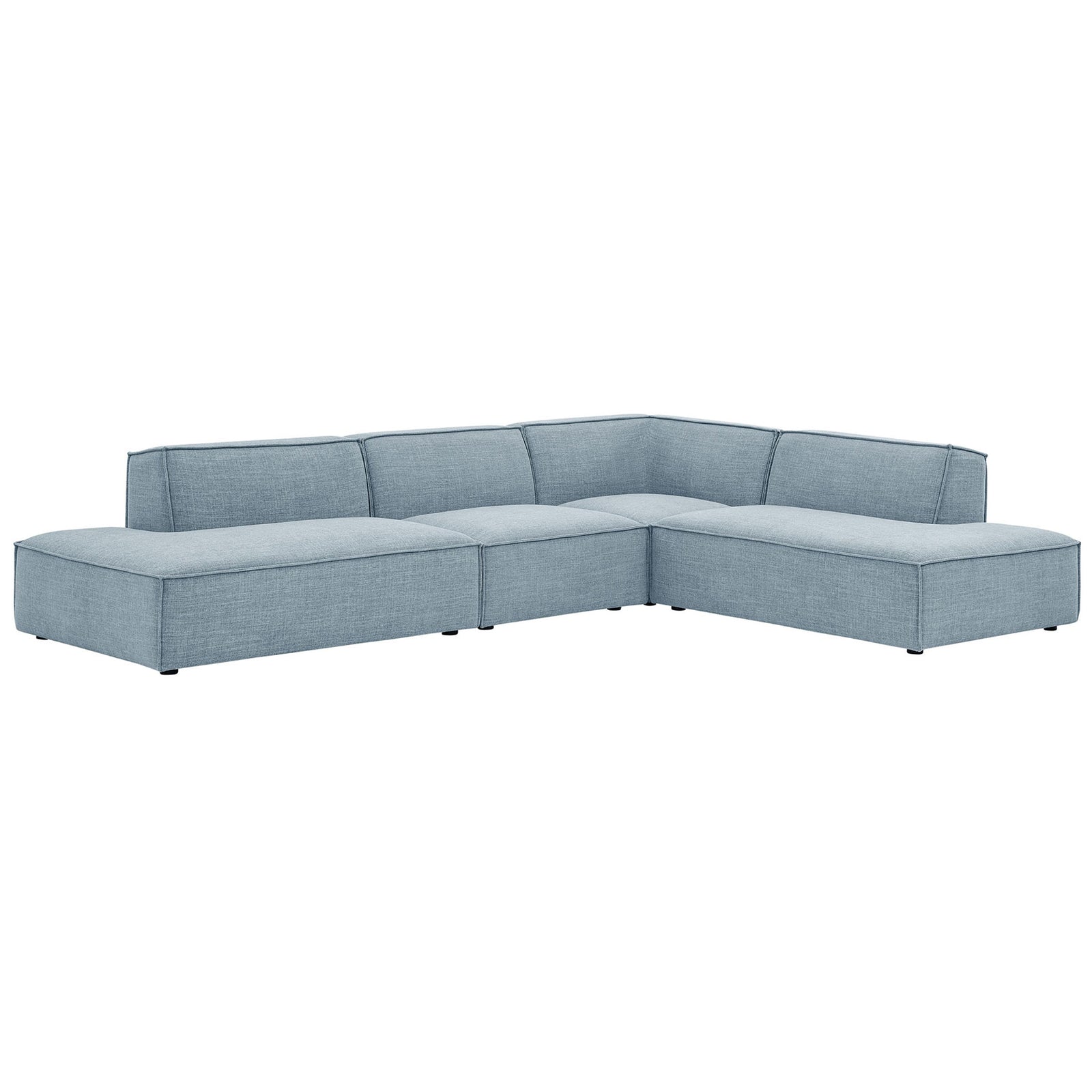 Sky blue modular L-shaped sectional sofa with armless chaises and tailored performance fabric upholstery. || EEI-7413-SKY || front_angle_studio
