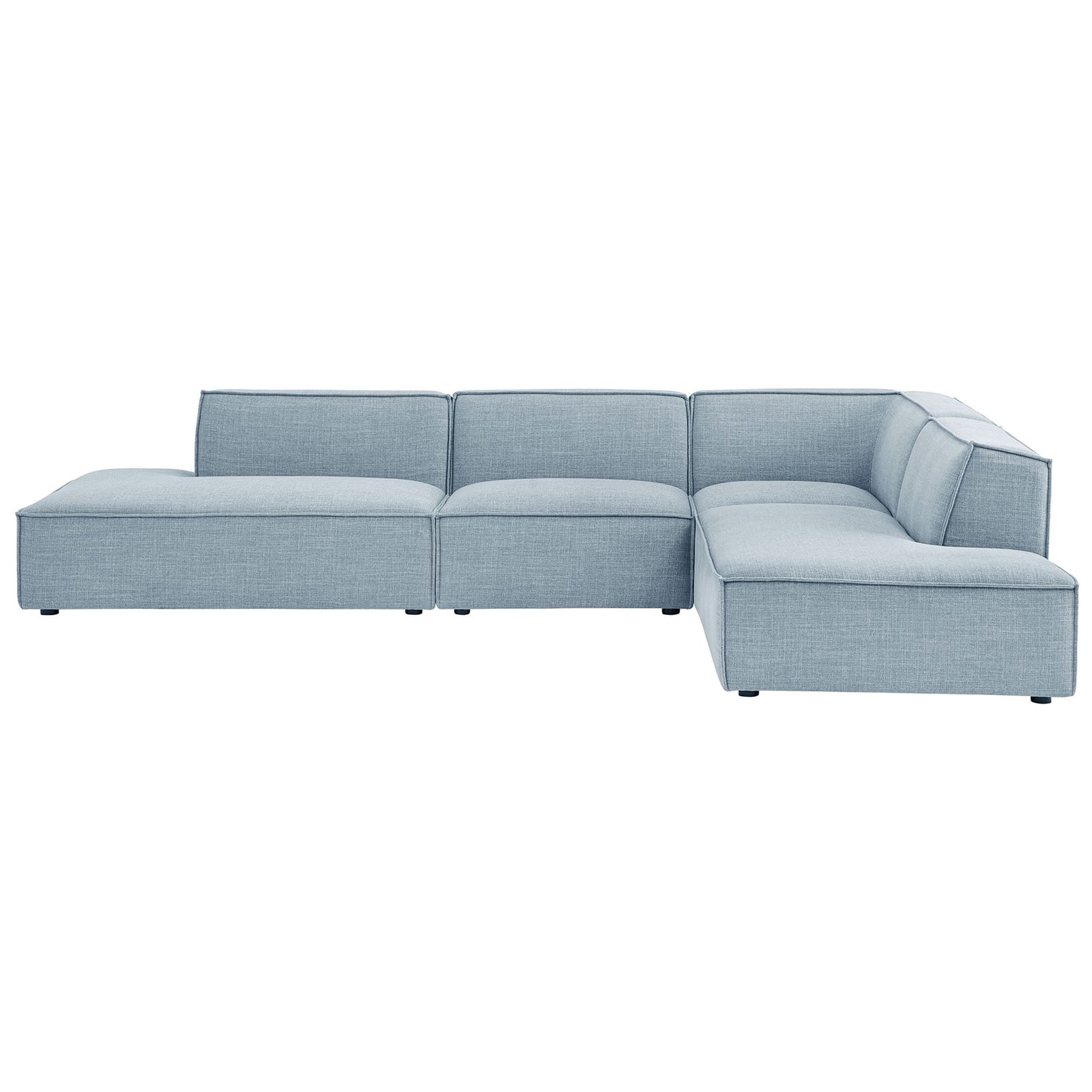 Modern sky blue modular sectional sofa with deep seats, low-profile back cushions, and French piping accents. || EEI-7413-SKY || front_studio
