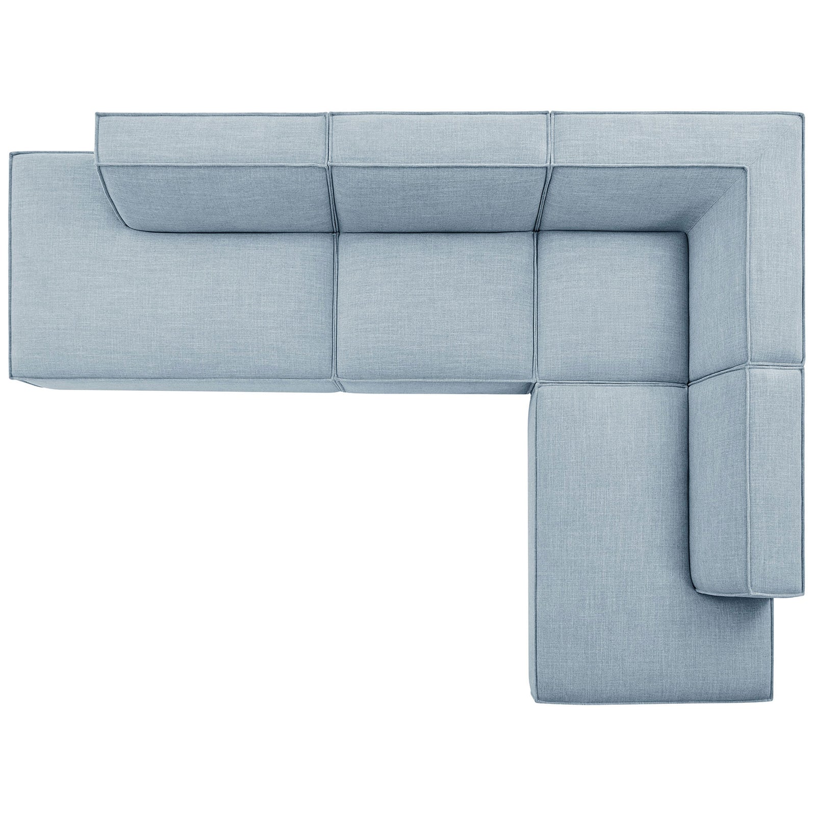 Top view of sky blue L-shaped modular sectional sofa showcasing generous lounging space and wide chaise seats. || EEI-7413-SKY || top_studio