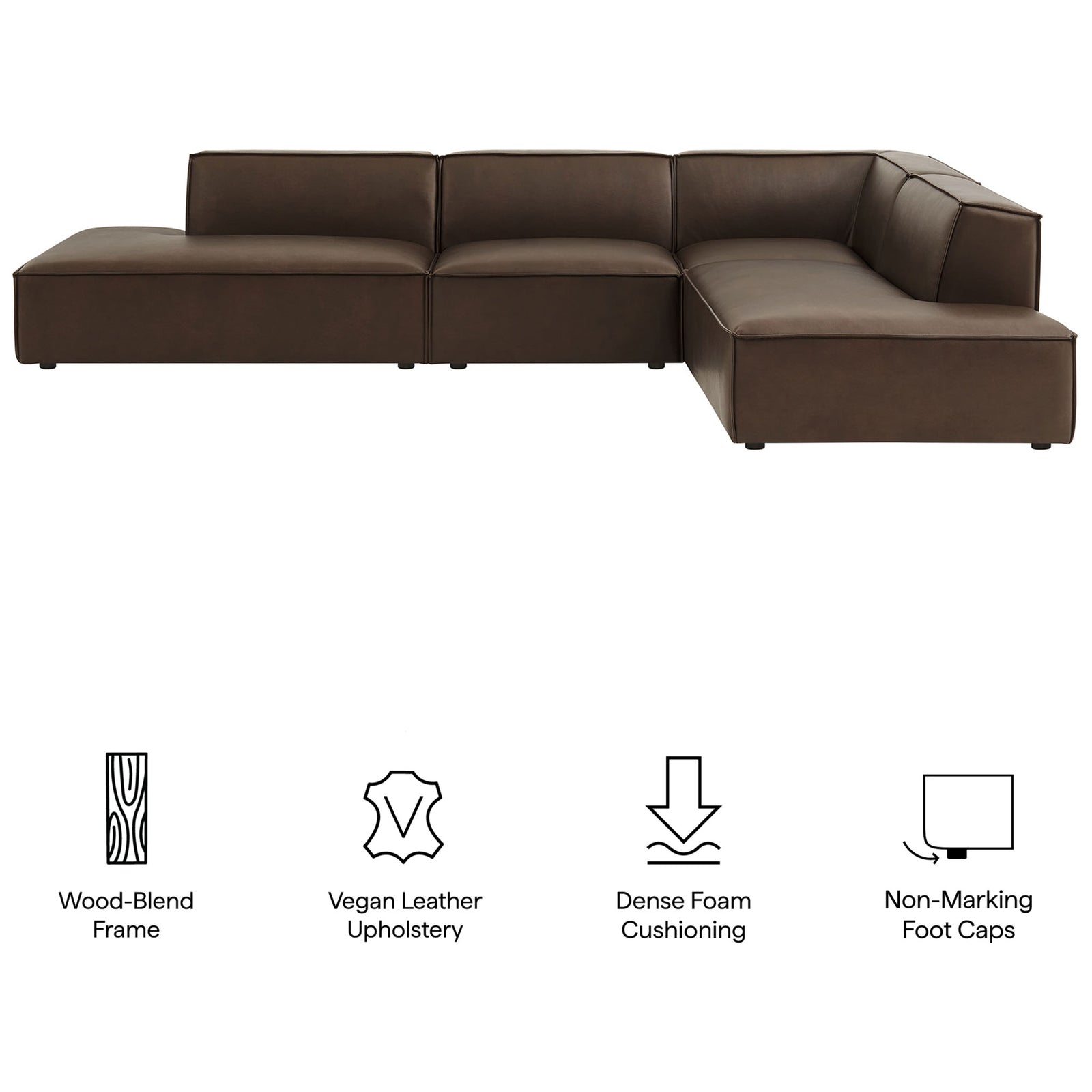 Restore modular sectional shown with icons calling out its wood-blend frame, vegan leather, and plush cushioning || EEI-7414-ESP || callout_studio