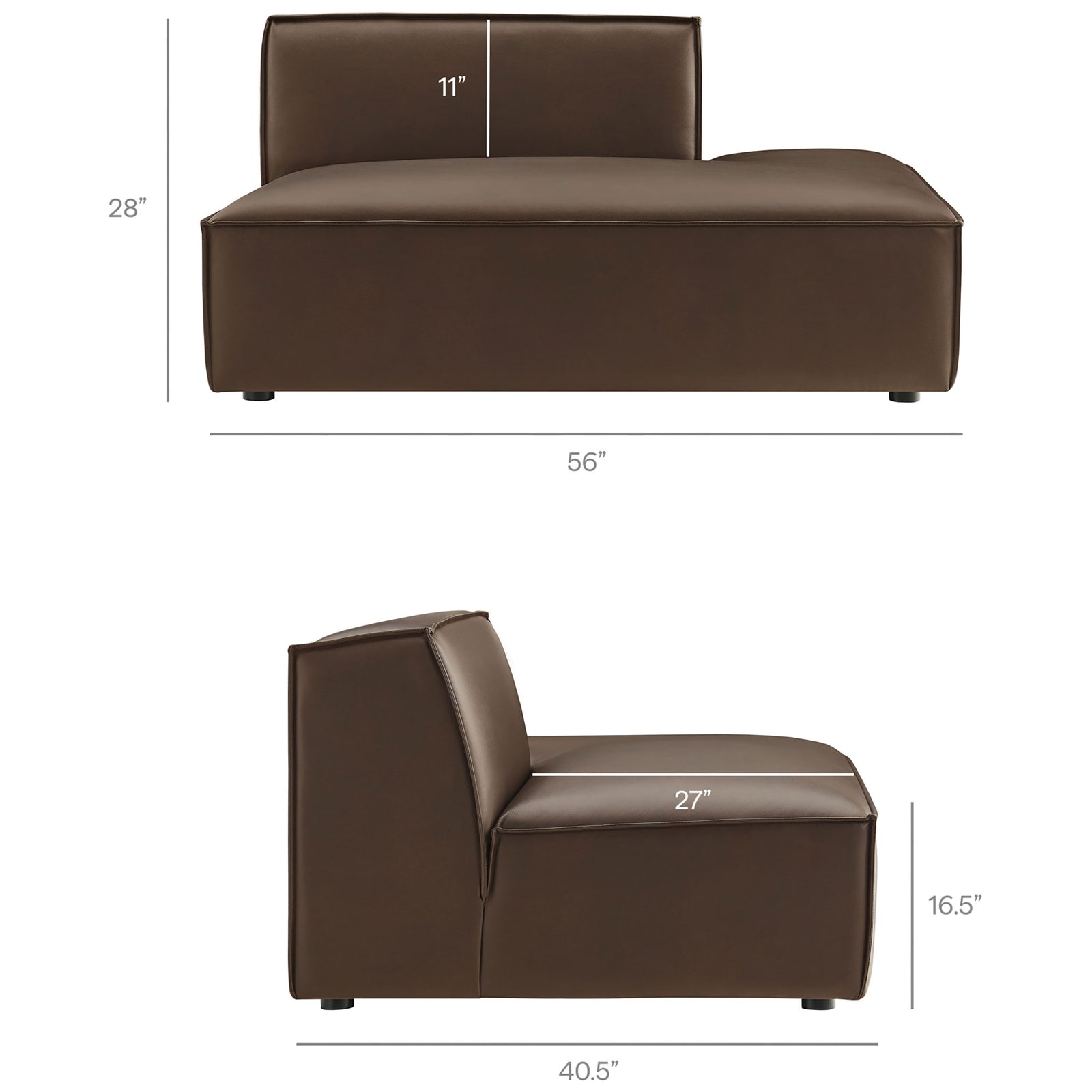 Dimensions of the right-facing armless chaise module, ideal for customizing the Restore sectional layout || EEI-7414-ESP || dimension_studio