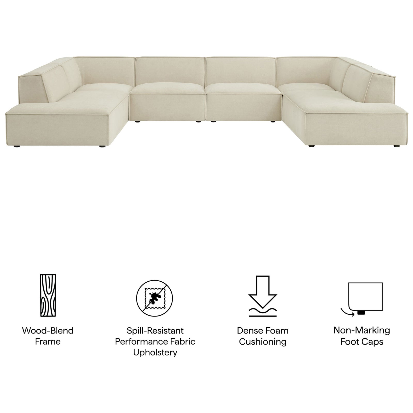 Restore sectional sofa in ecru performance fabric with icons highlighting dense cushioning and durable frame. || EEI-7415-ECR || callout_studio