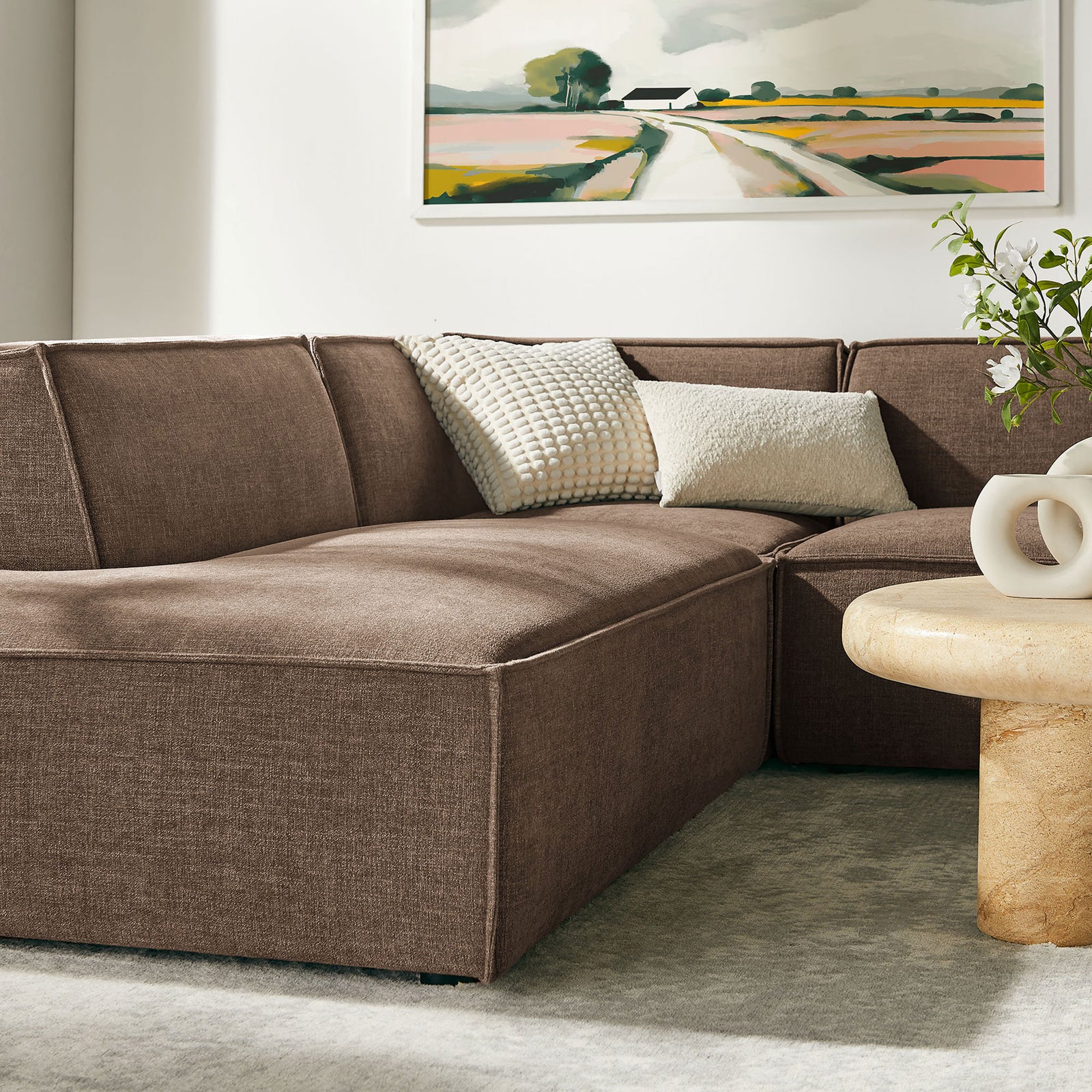 Mocha chaise end invites lounging on plush performance upholstery in modern decor. || EEI-7415-MOC || detail_room