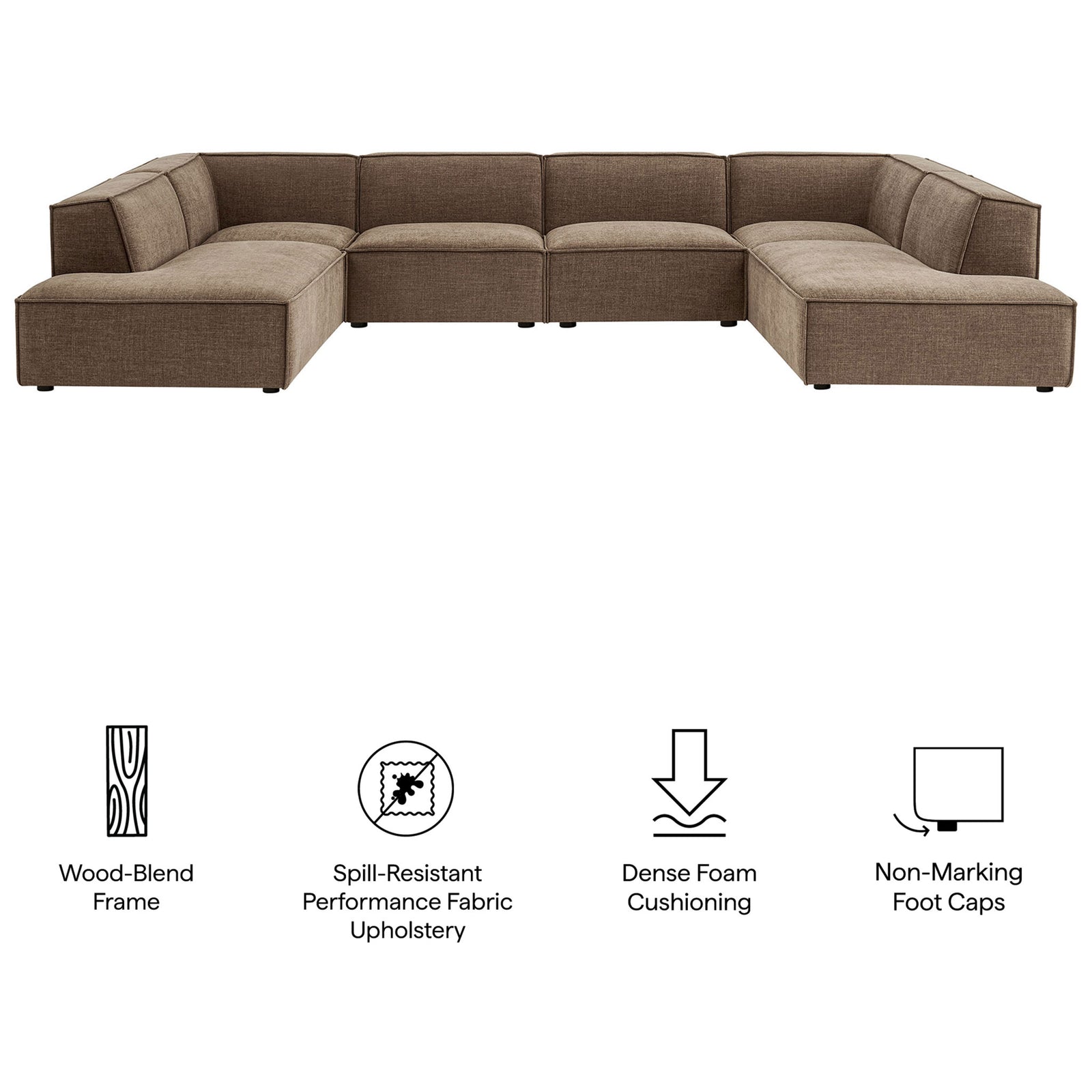 Restore mocha sectional highlighted with icons for durable, spill-resistant comfort. || EEI-7415-MOC || callout_studio