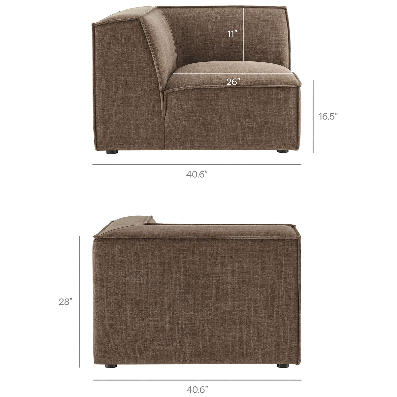 Corner chair module dimensions for configuring the Restore mocha sectional. || EEI-7415-MOC || dimension_studio